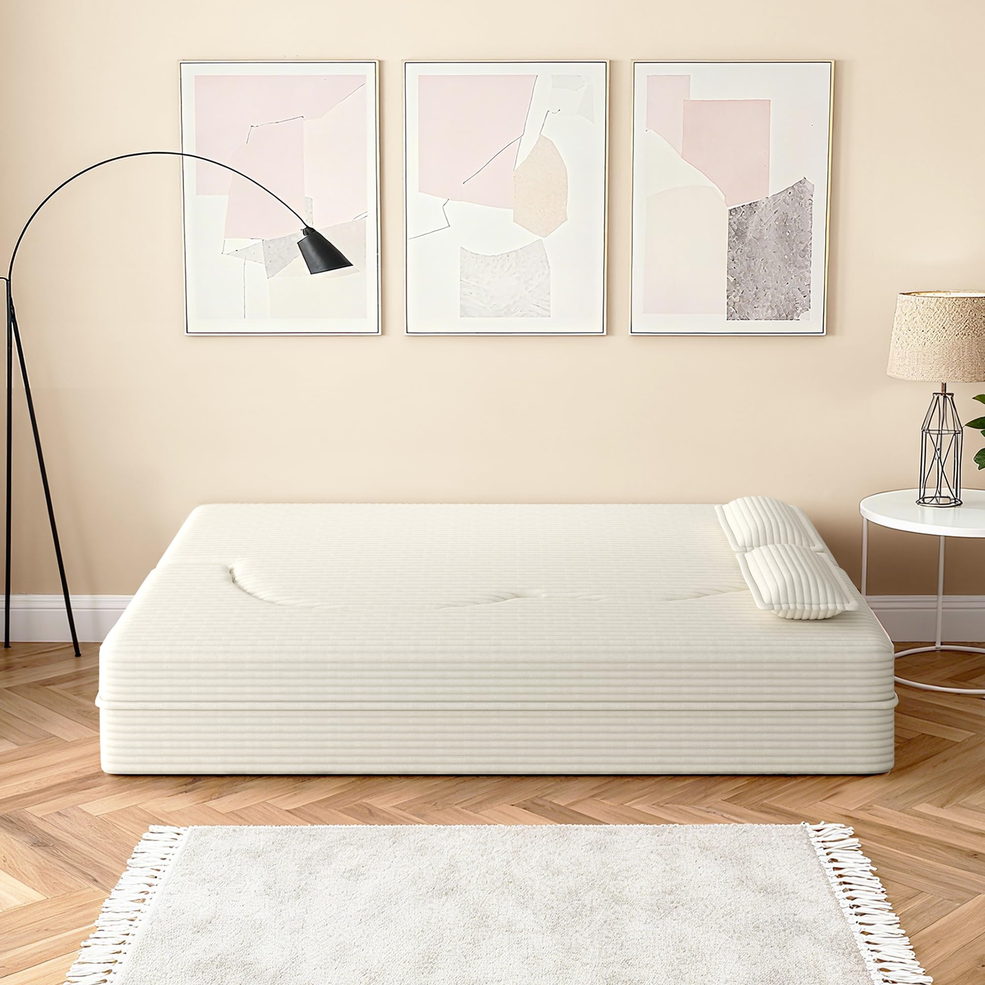 BAYYELL 78" Full Size Convertible Sofa Bed, 2-in-1 Folding Floor Couch with 2 Pillows, Sleeper Sofa for Living Room and Bedroom, No Assembly Required (Beige, Corduroy Fabric)