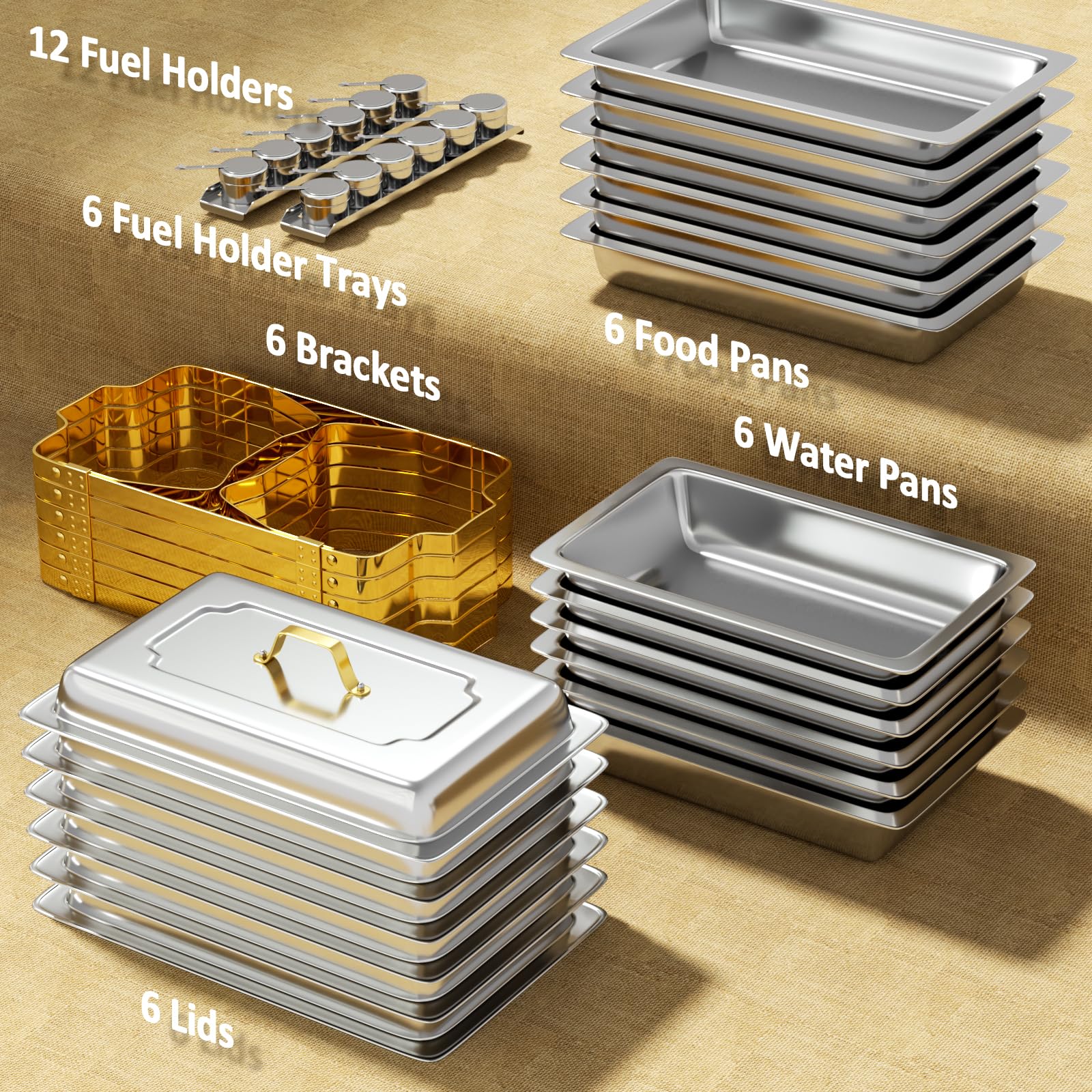Chafing Dishes for Buffet 6 Pack, 9QT [Elegant Gold and Silver Colors] Stainless Steel Chafing Dish Buffet Set [Sturdy and High Grade] Chafers and Buffet Warmers Sets for Any Party with Complete Set
