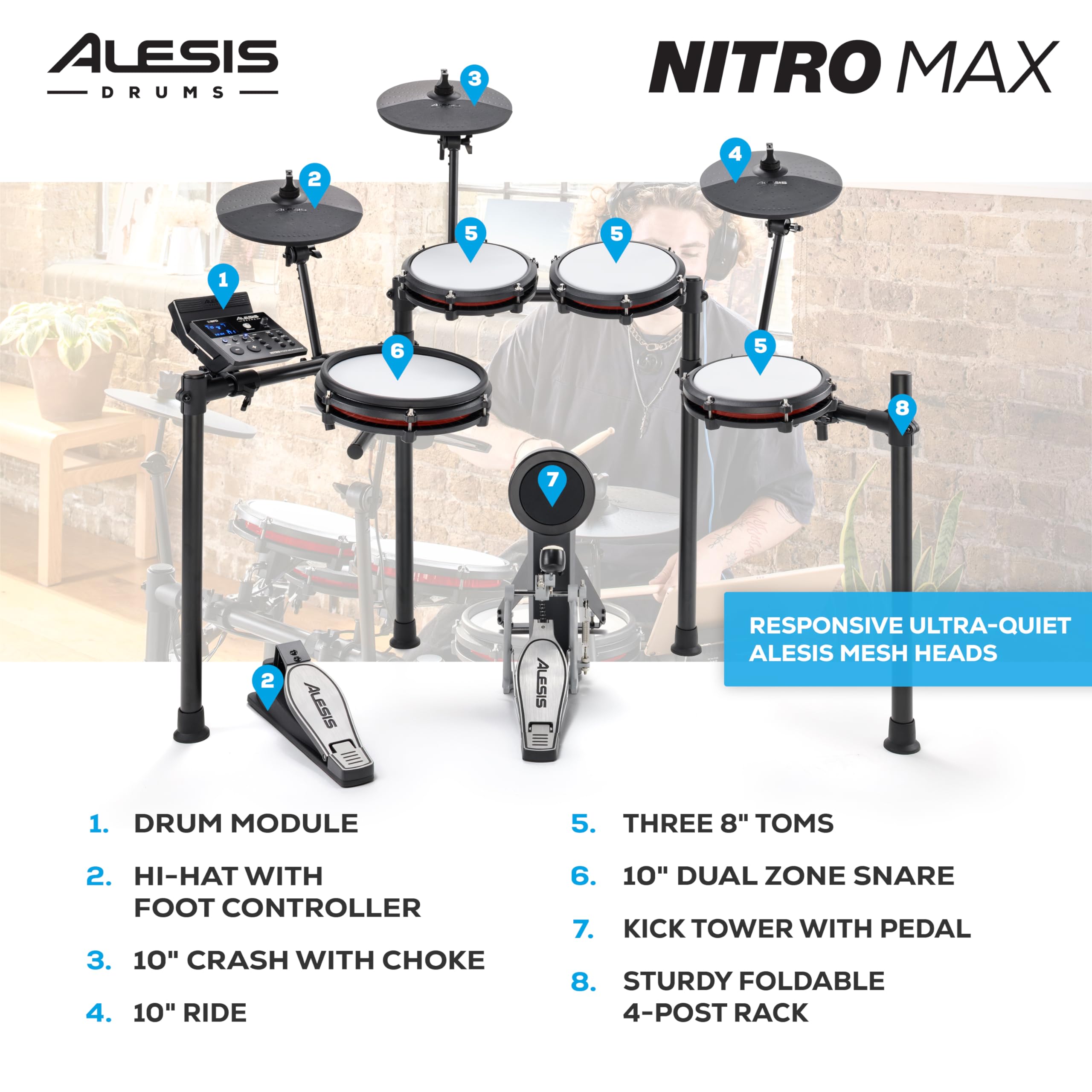 Alesis Nitro Max Kit Compact Electric Drum Kit with Quiet Mesh Pads, 10" Dual-Zone Snare, Bluetooth, 440+ BFD Sounds, Drumeo, USB MIDI, Kick Pedal