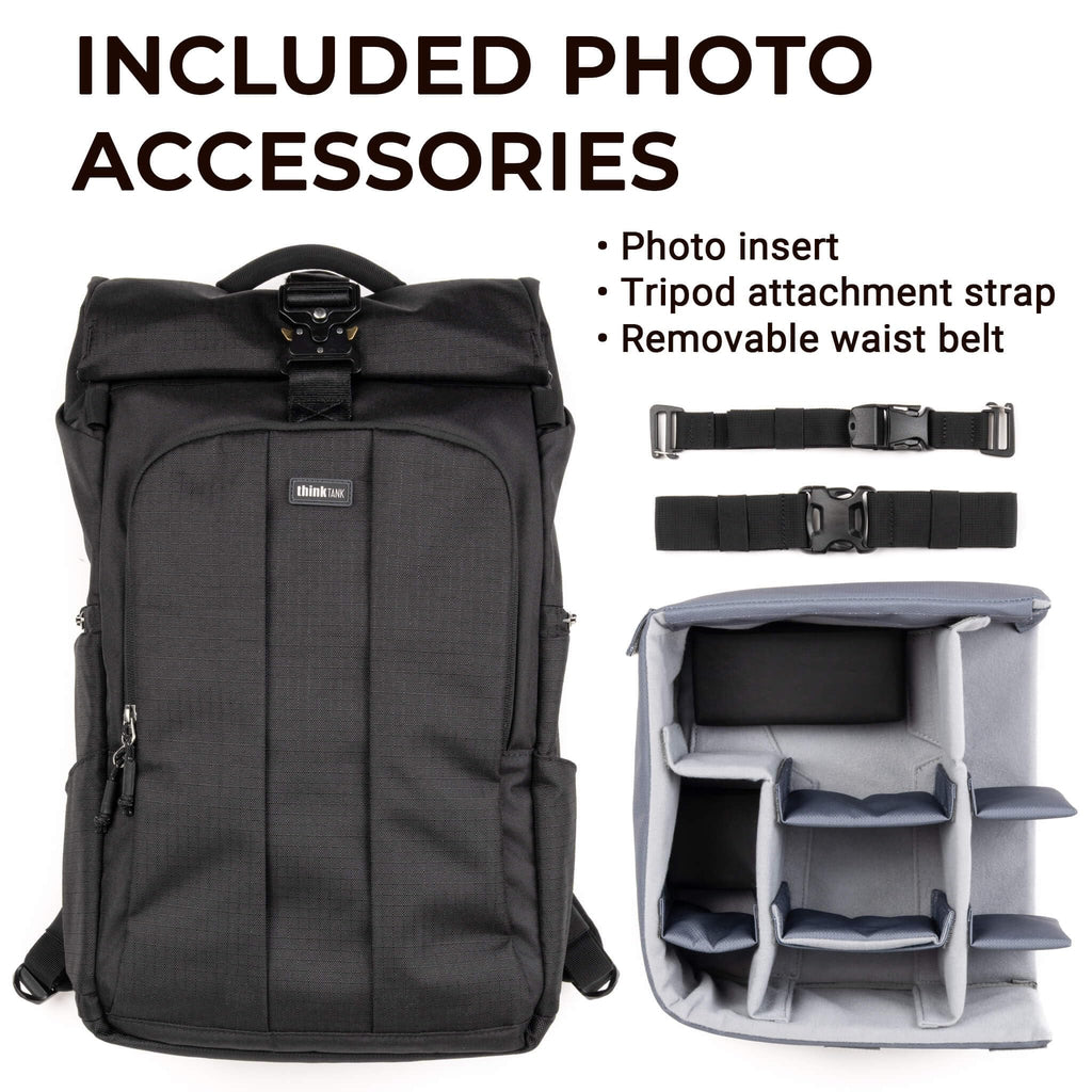 Think Tank FocusPoint 30L RollTop Camera Backpack - Greenway: Expandable Travel & Camera Backpack with Laptop Sleeve, Quick Side and Back Access, Rain Cover – Versatile Photography & Travel Bag