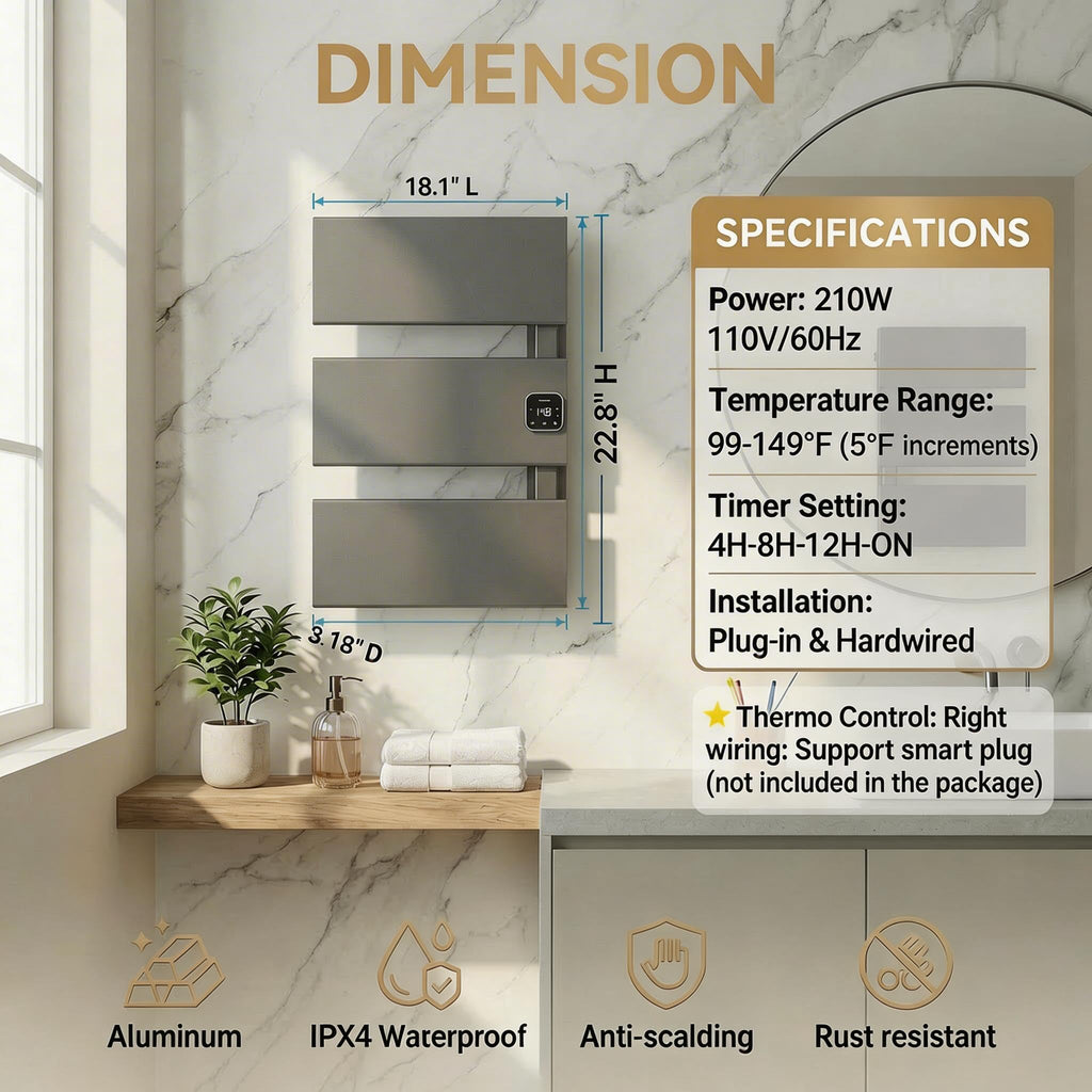 HSTRUKT Electric Towel Warmer, Heated Towel Rack with Thermo Control and Timer, Fast Heating Towel Rail for Bathroom with Memroy Function, Work with Smart Plug, Right-Wiring, 3 Panel, Gun Gray