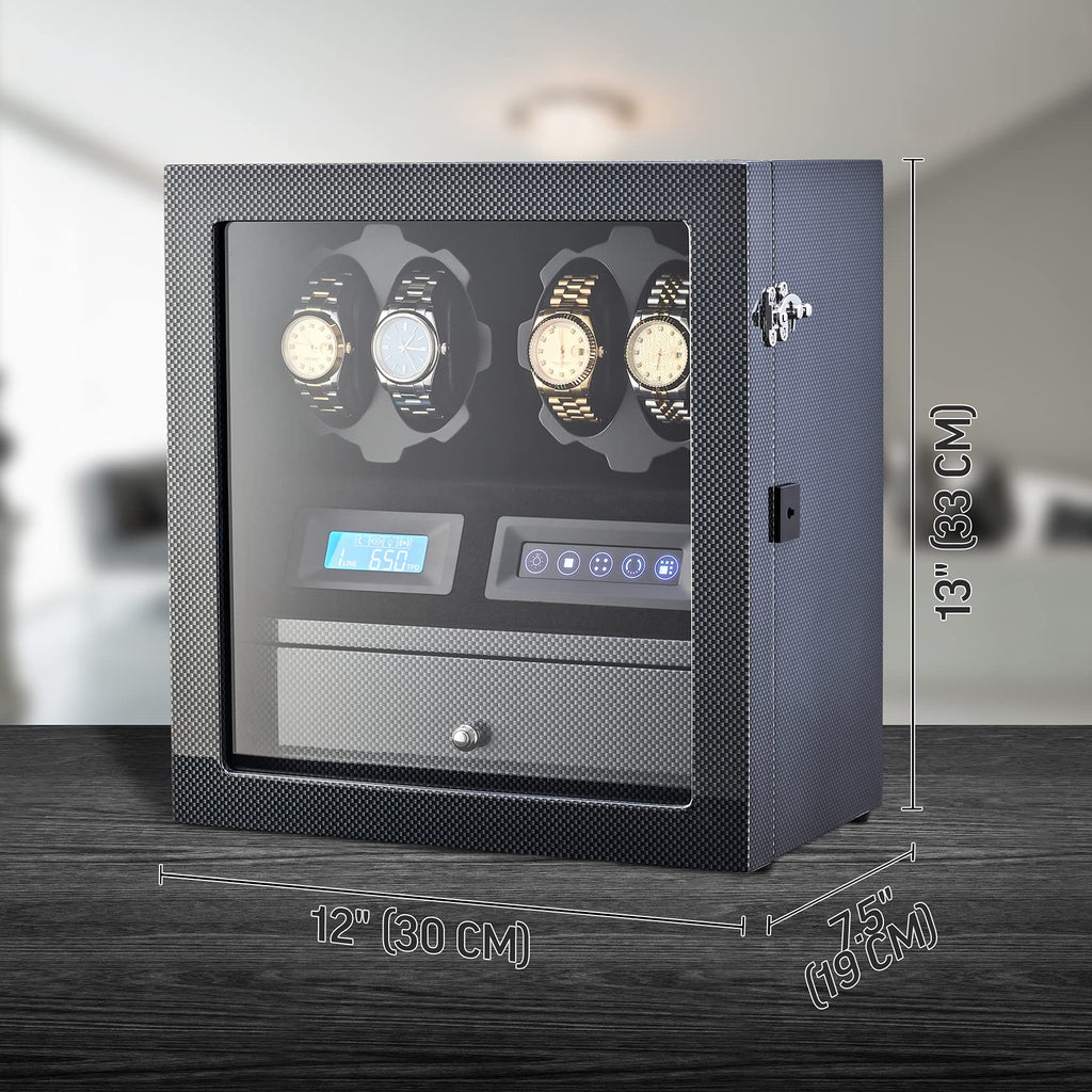 4 Watch Winder with 5 Watch Storage Space, LCD Display, Touch Control and Interior Light (Black + Black)