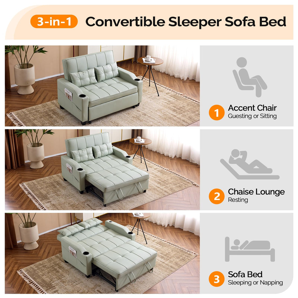 VINGLI Green Futon Sofa Bed Convertible Loveseat Sleeper Couch, Faux Leather Pullout Sofa Fold Out Couch Bed with USB Ports, Cup Holders, Armrest for Living Room, Bedroom Apartment Room