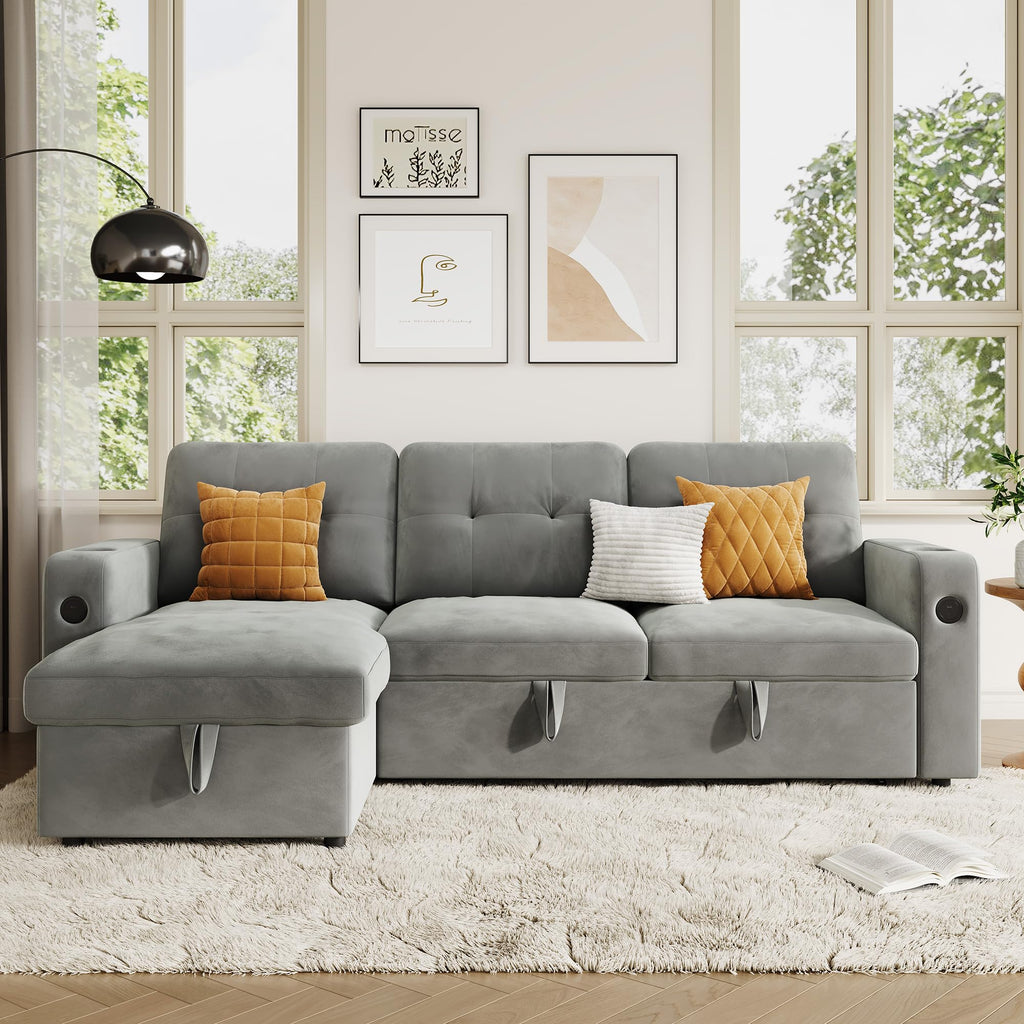 IDEALHOUSE 84" L Shaped Sleeper Sofa, Convertible Pull-Out Couch Bed with Storage & Charging Station, Sectional Sofa Bed with Cup Holder, Reversible Chaise for Living Room, Velvet, Light Gray