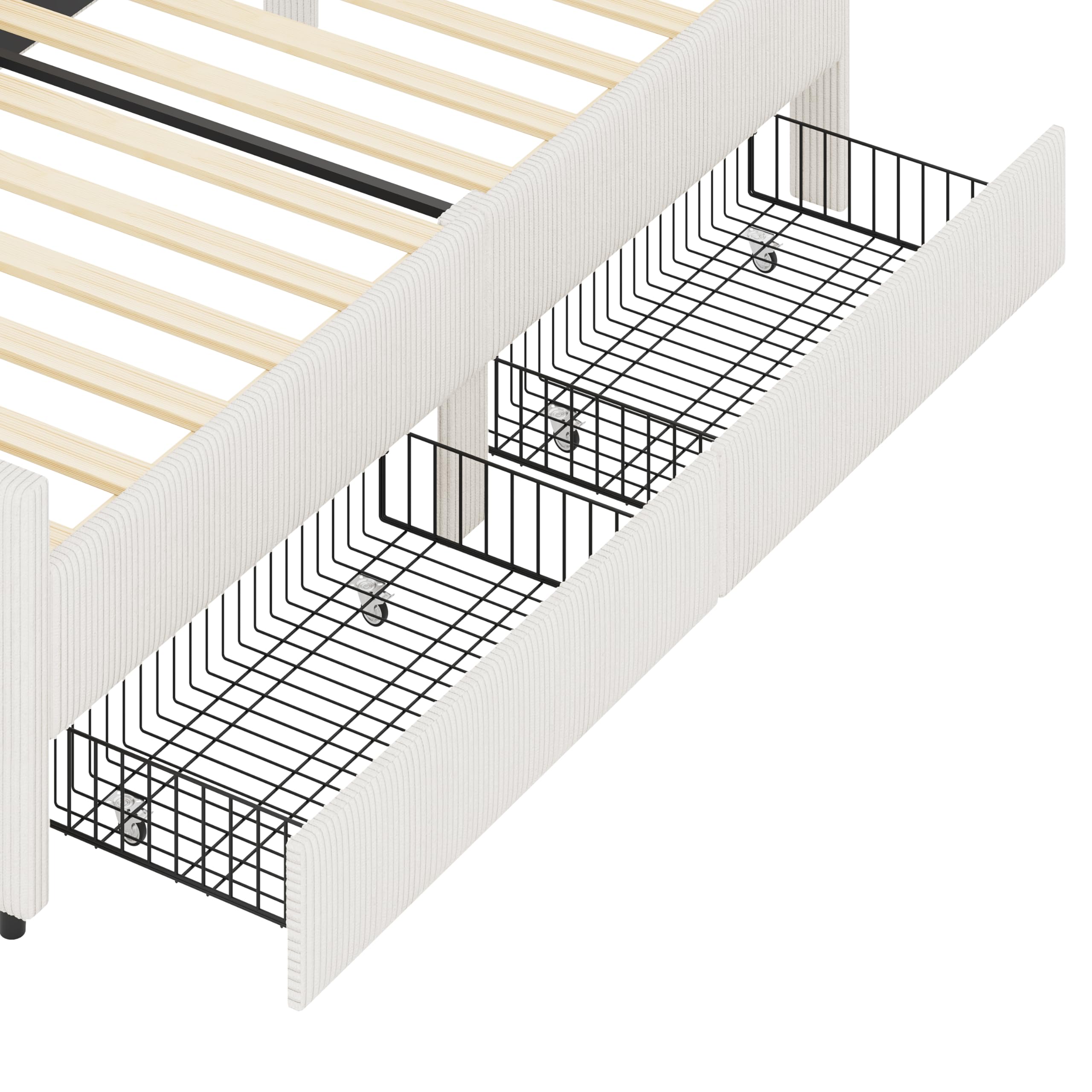 GDFStudio Twin Size L Shaped Corduroy Daybed Upholstered Bed Frame with 2 Storage Drawers Wooden Slats Semi Enclosed Design No Box Spring Needed, Beige