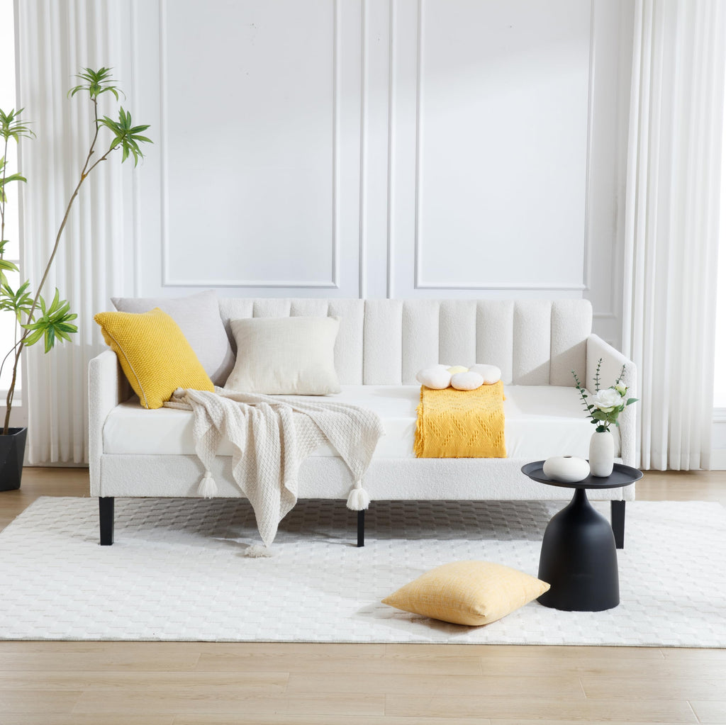 Christopher Knight Home Elena Twin Size Upholstered Daybed, Futon Sofa Bed Ribbed Tufted Backrest Lavish Modern Design, Couch Bed Frame for Bedroom Living Room Guest Room Apartment, Ivory Boucle