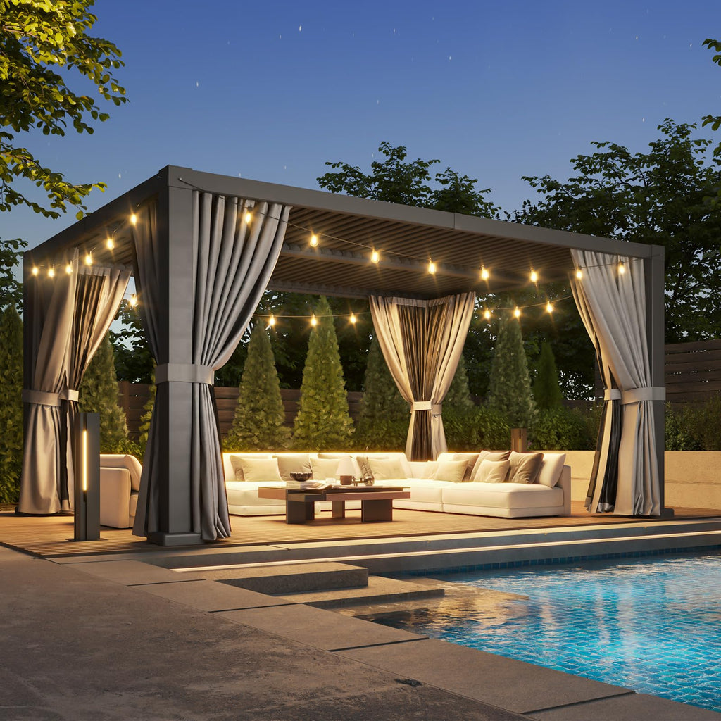 Aoxun Louvered Pergola 12' x 16' Aluminum Outdoor Pergola with Independent Adjustable Roofs, Curtains and Netting, Built-in Drainage System for Patios & Backyards, Rust Resistant Frame