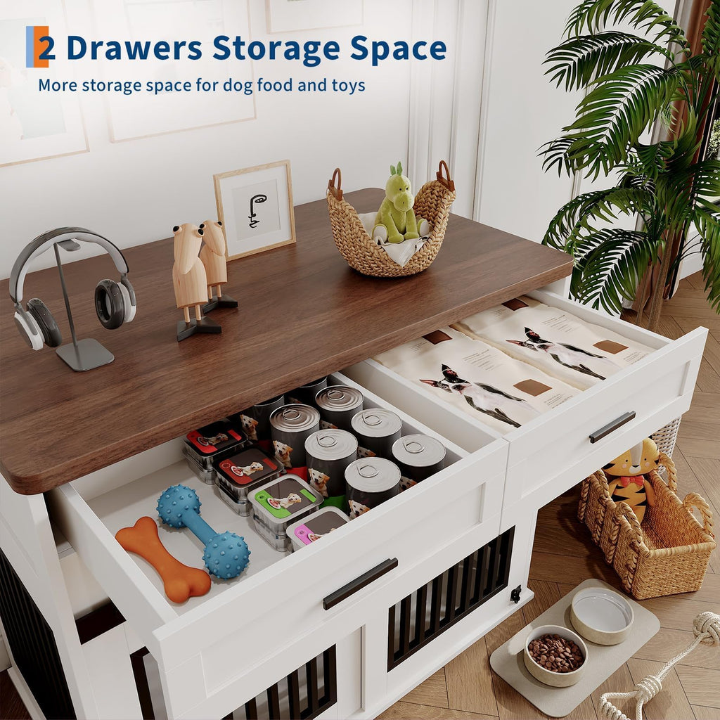 44.5'' Dog Crate Furniture with Hook & Storage Drawers, Wooden Heavy Duty Dog Kennel Indoor with Sliding Barn Doors, Decorative Pet House End Side Table TV Stand for Medium/Small Dogs,White