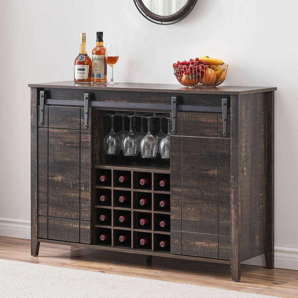 IDEALHOUSE Wine Bar Cabinet,Coffee Bar Cabinet,Farmhouse Liquor Station,Rustic Buffet Sideboard with Sliding Barn Doors,Wine & Glass Racks,Adjustable Shelves,for Living Room,Kitchen,Entryway(Fire)
