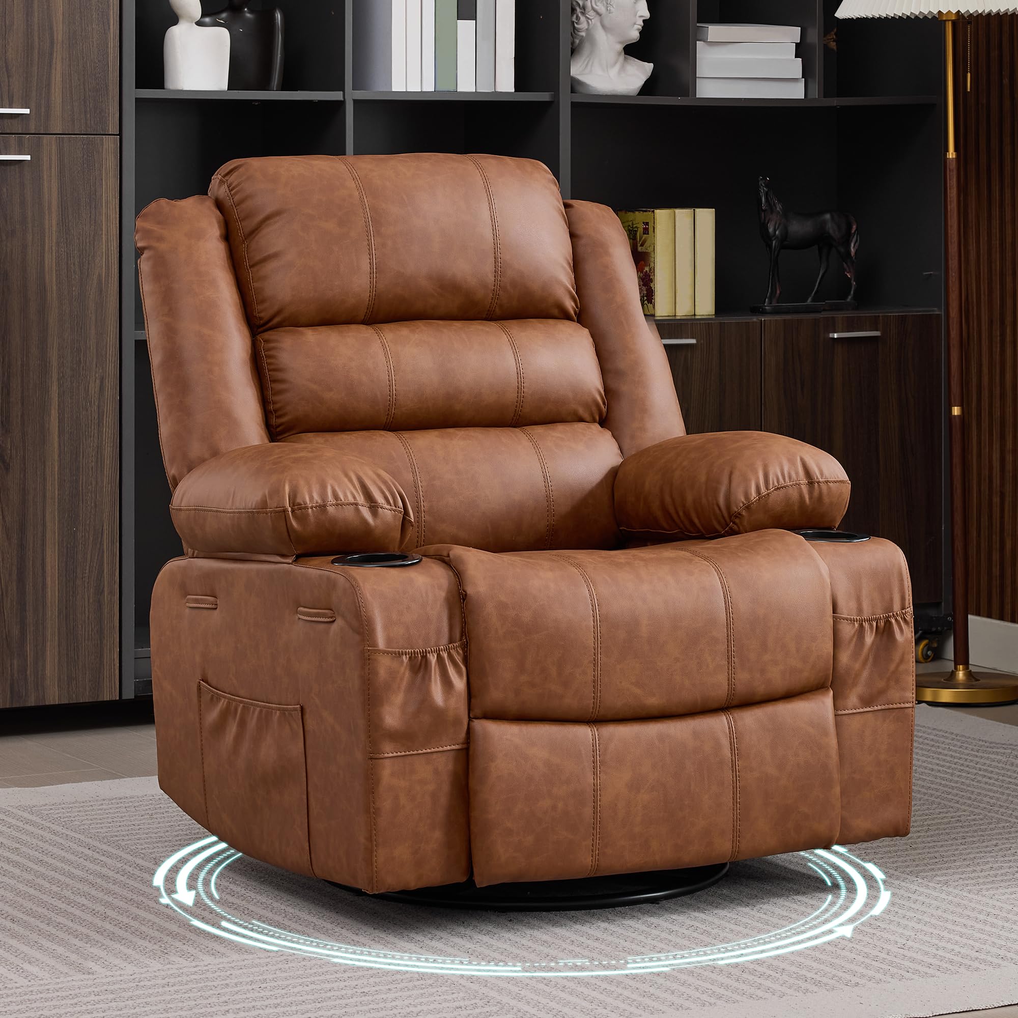 Rocker Recliner Chair for Adults Manual 360° Swivel Single Sofa Seat Glider Chair with 3 Positions 2 Side Pockets Cup Holders PU Fabric for Living Room Nursery Office