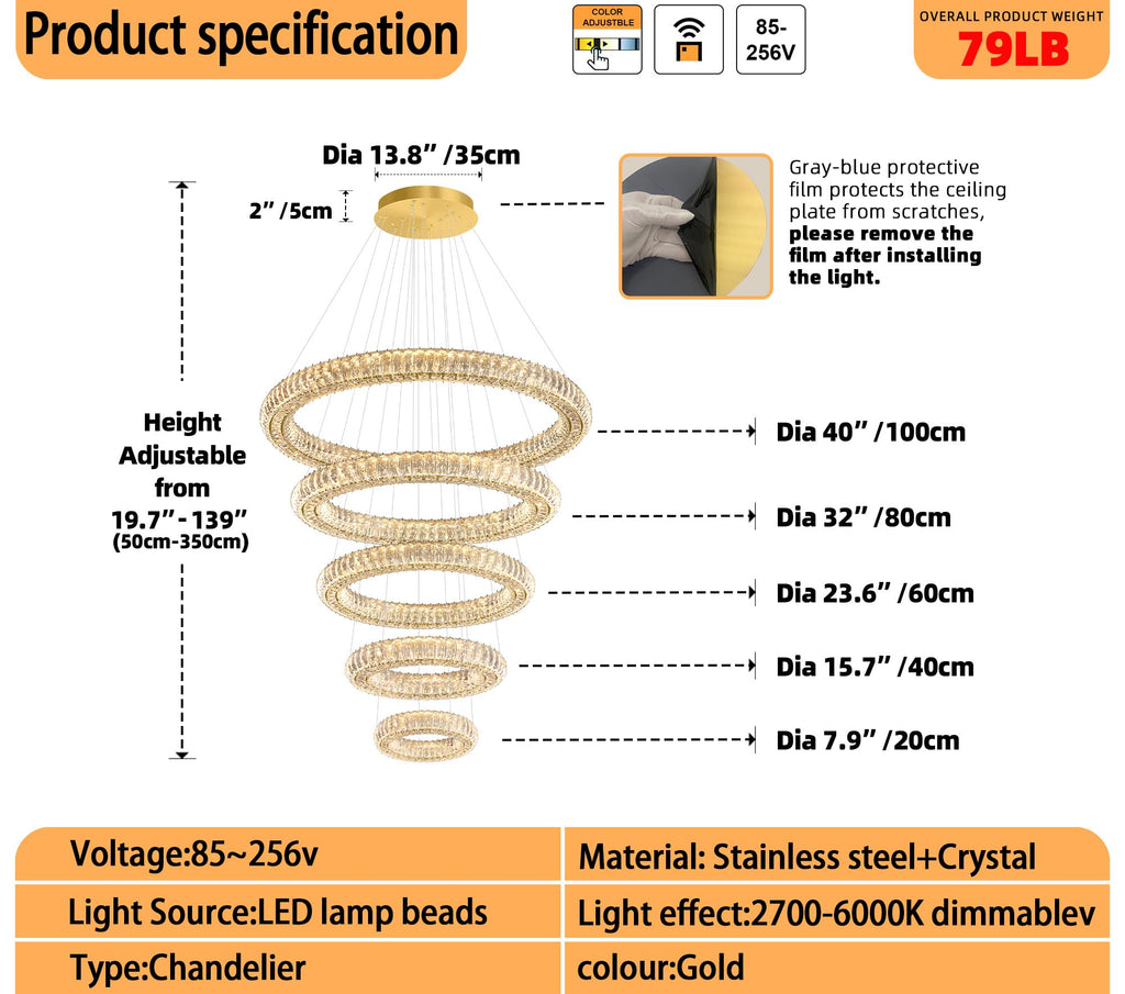 IDEQUY Large Gold Ring Chandelier for High Ceiling Modern Long Crystal Chandelier Lighting, Dimmable LED Ceiling Chandeliers,5 Ring D8‘’+15.7‘’+23.6‘’+31.5‘’+39.4''