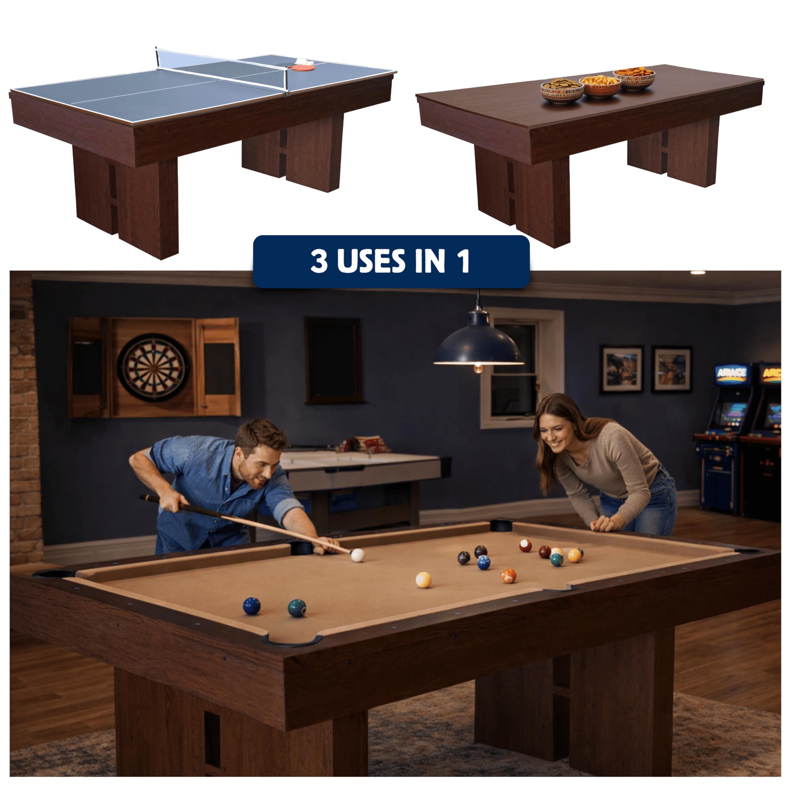 7 FT Pool Table with Dining Top, 3-in-1 Combo Game Table Billiards, Ping Pong and Dining Table. NEW & Improved Design 2026! (Table Only)