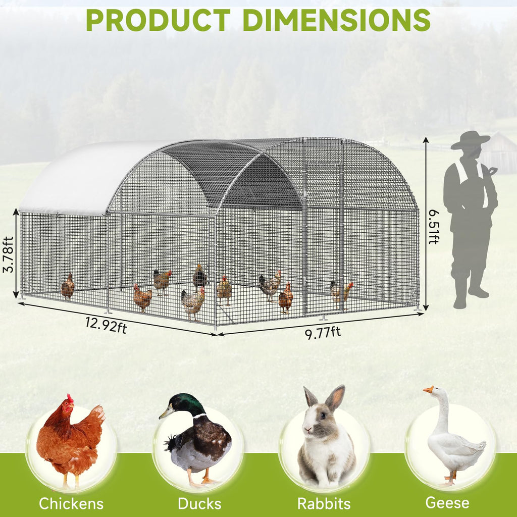 LEVELEVE Large Walk-in Chicken Coop with Chicken Run, Galvanized Poultry Enclosure with Waterproof Anti-UV Cover and Security Lock, Ideal for Rabbit, Duck, Backyard and Farm Yard，13.1'x 9.8'x 6.6'