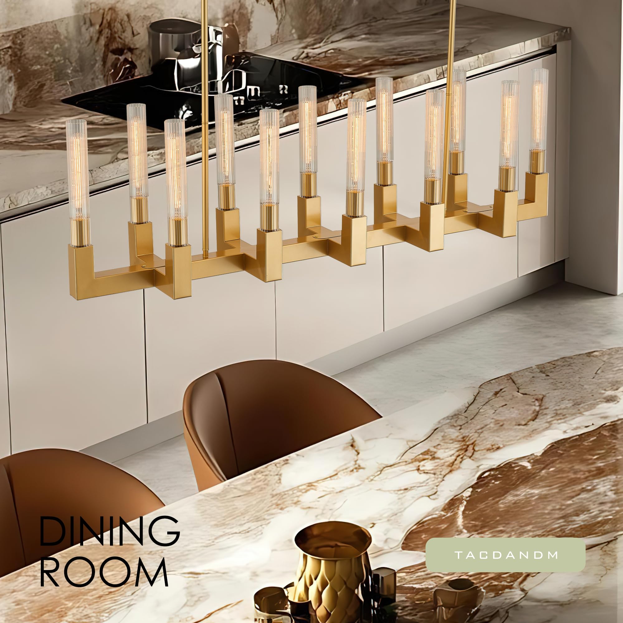 TACDANDM 54-inch Linear Dining Room Pendant Light Fixture with Glass Tube,Gold Rectangular 12-Lights Industrial Kitchen Island Lighting Over Table(Included E26 Bulbs)