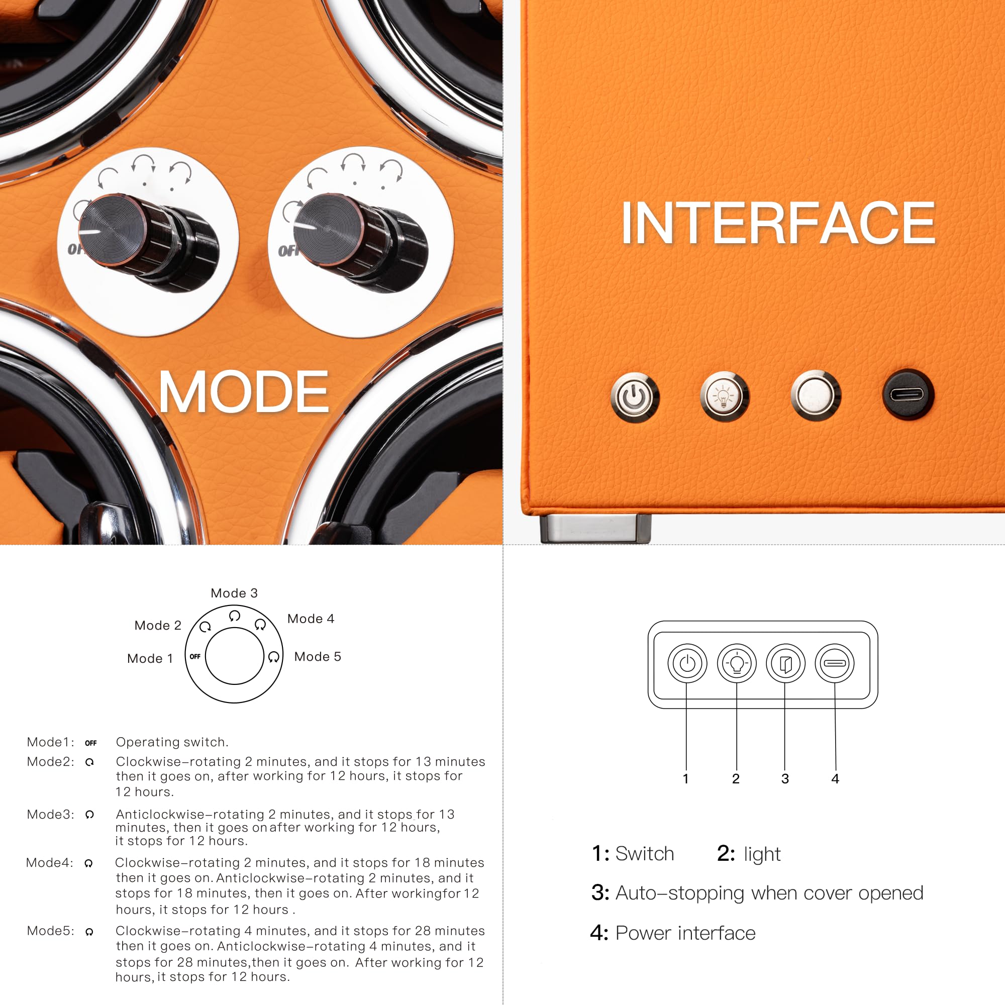 KOHUDIS Watch Winder for 2/4/6/9 Automatic Watches, high-end Leather Making, Super Quiet Mabuchi Motor, Two Power Modes, Built-in led Lights (Apricot, 4 Slots)