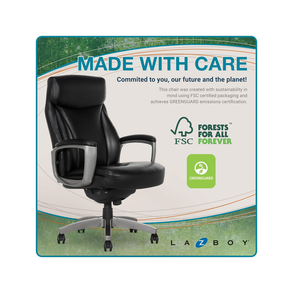 La-Z-Boy Arcadian Ergonomic Executive Chair, Bonded Leather, Black, 29.5D x 28W x 43.25-46.25H inches, 275 lbs Weight Capacity