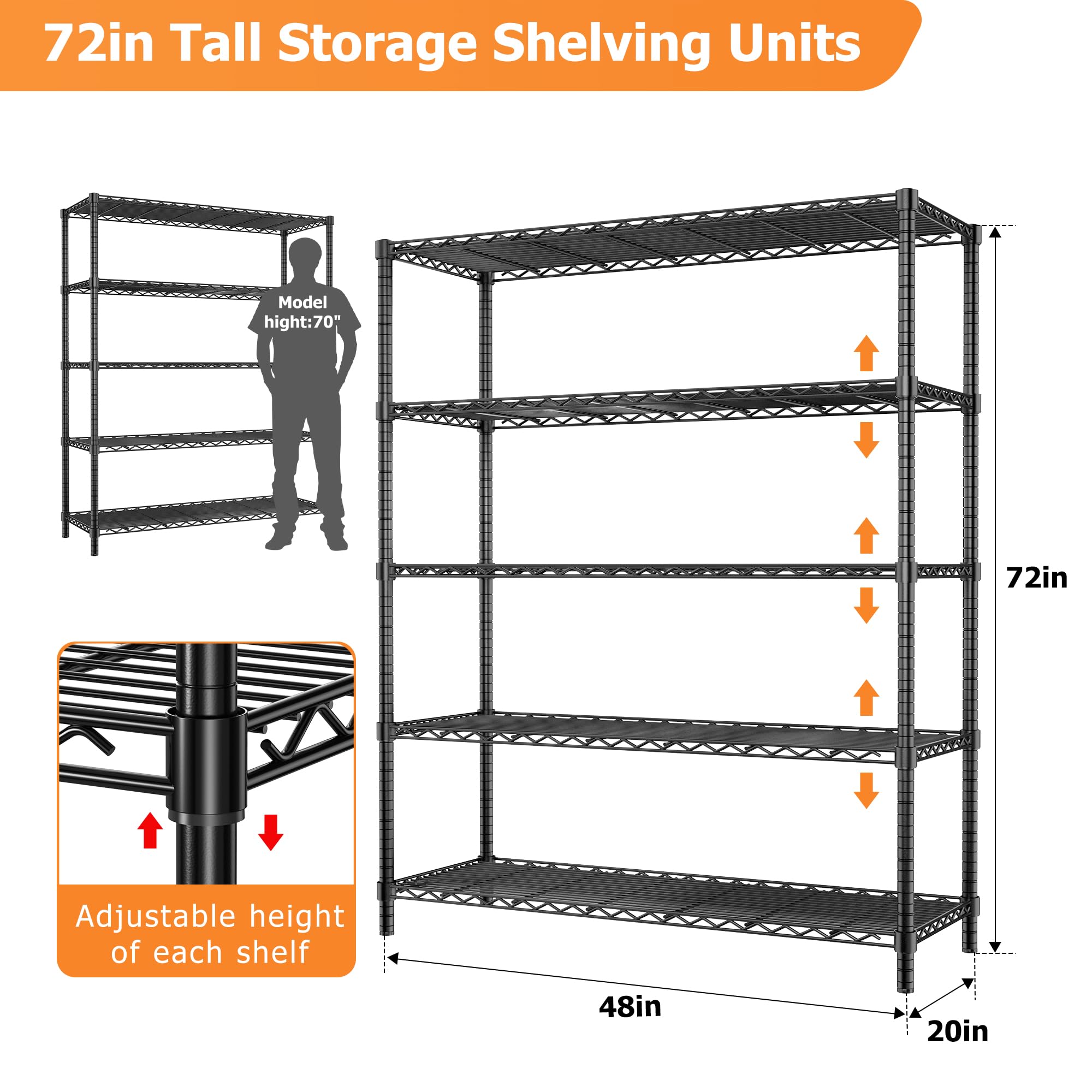 Storage Shelves Heavy Duty, 2 PCS 48" L x 20" W x 72" H Garage Wire Shelving Unit Loads 2000LBS, 5-Tier Adjustable Metal Industrial Utility Shelf Rack for Kitchen, Laundry Room, Warehouse, Basement