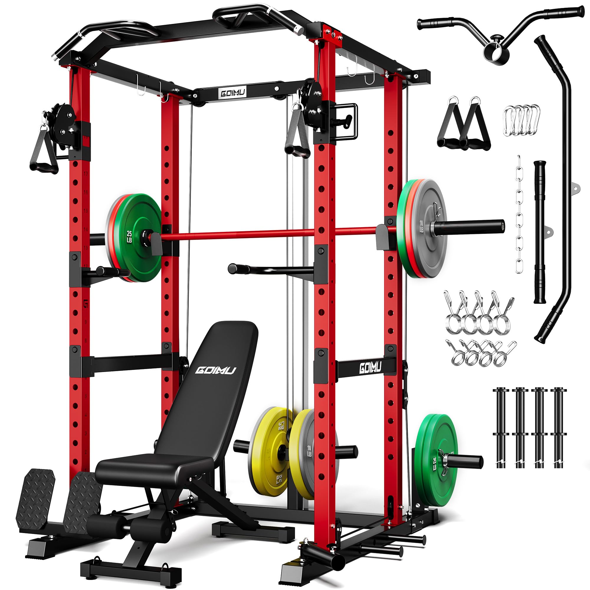 GOIMU RH01 Power Cage Rack, 2000LBS Squat Rack with with Cable Crossover System&LAT Pull Down System, Multi-Function Workout Cage for Home&Garage Gym (Red-SE, RH01 Power Cage with 290LB C Weights)