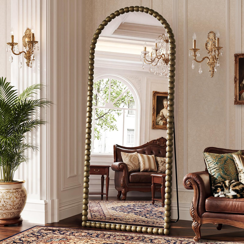 FlyEcho Arched Full Length Mirror, 71"x28" Antique Beaded Full Body Mirrors, Large Floor Mirror with Stand, Hanging Mounted for Bedroom Living Room Cloakroom Hallway Decor, PU Frame, Bronze