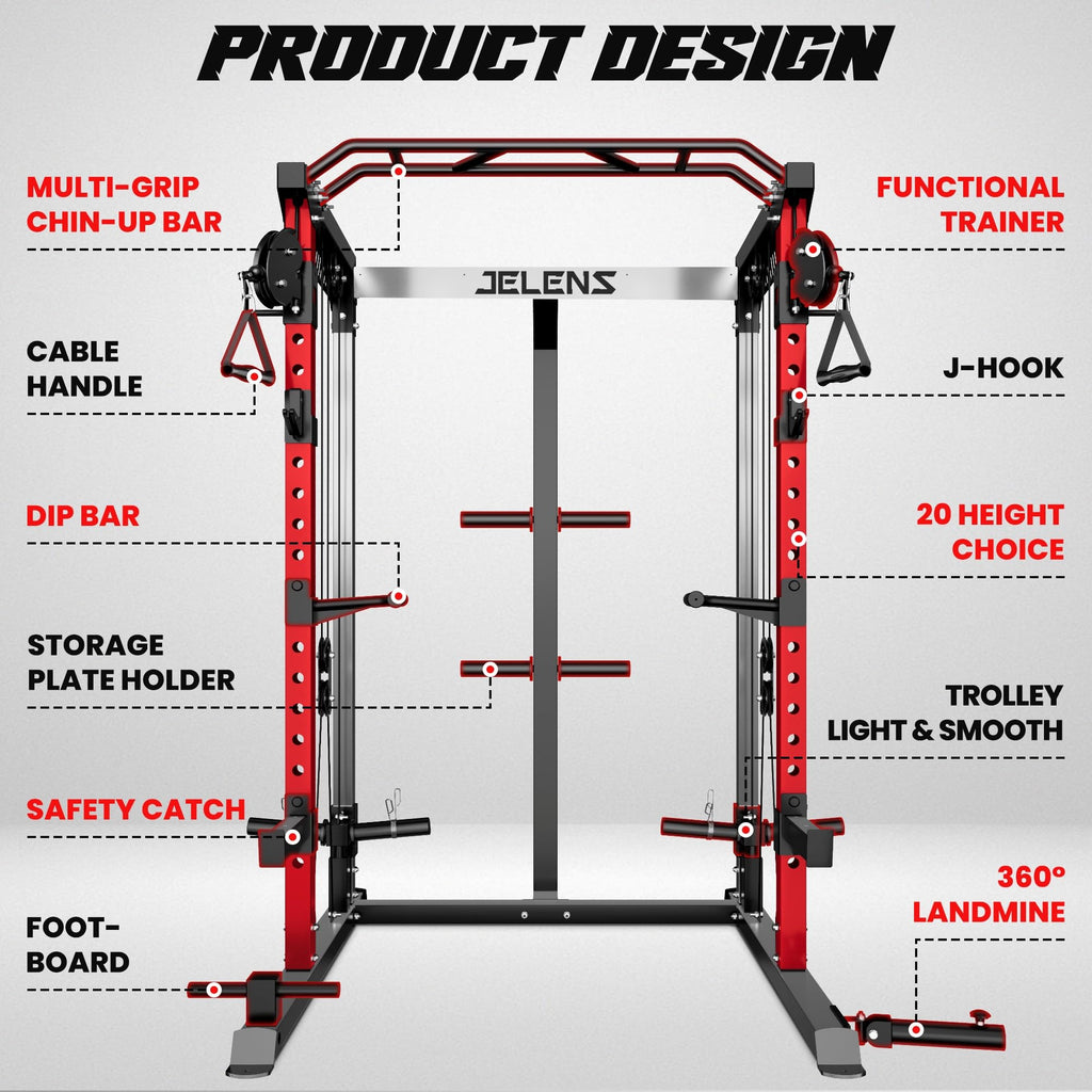 JELENS C21 Power Cage, 2000LBS Multi-Function Power Rack with Independent Dual Pulley System, All-in-One Squat Rack for Cable Crossover, Home Gym Workout Machine (Red, C21 Power Cage (Home Gym))