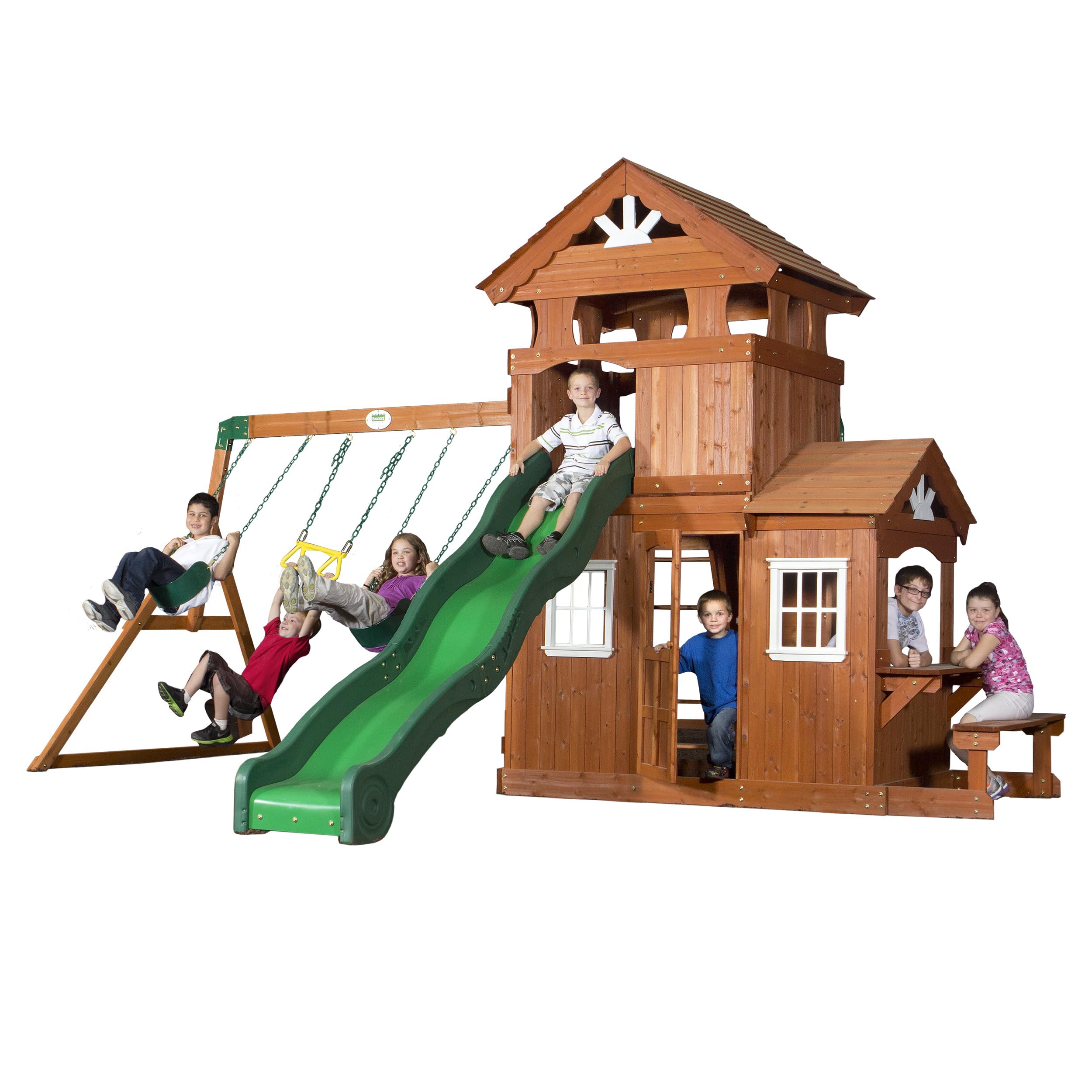 Backyard Discovery Shenandoah Cedar Wood Swing Set with Wave Slide, Raised Clubhouse, Playhouse, Play Kitchen, Belt Swings, Trapeze, Rock Wall, Ladder, Picnic Table, Full Door, Outdoor Playset