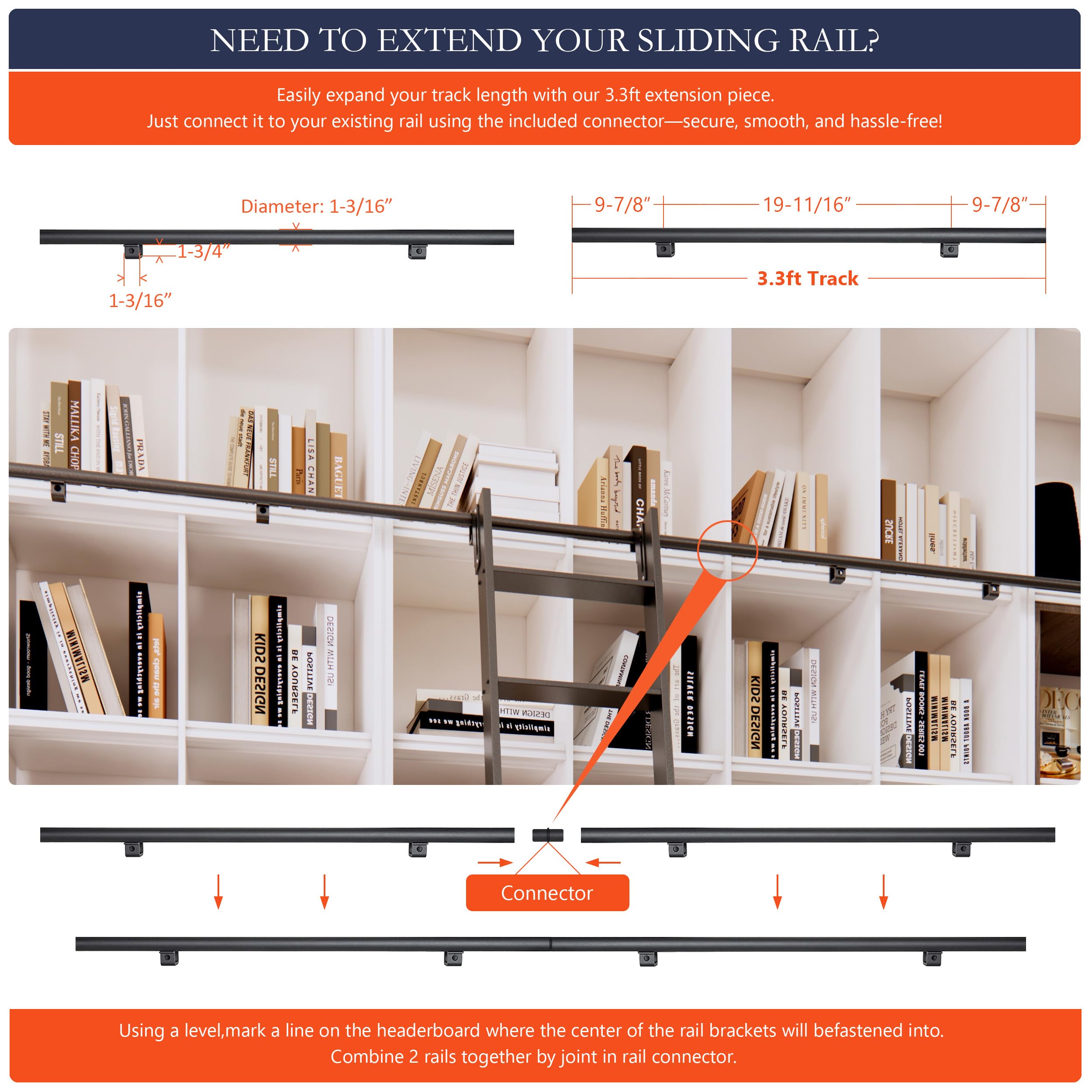 HARDJULAN 87" Black Sliding Library Ladder with 3.3FT Hook Track – Lightweight Aluminum Rolling Ladder with Braking Wheels, Space-Saving Rail Mounted Ladder System for Home Library, Closet & Storage