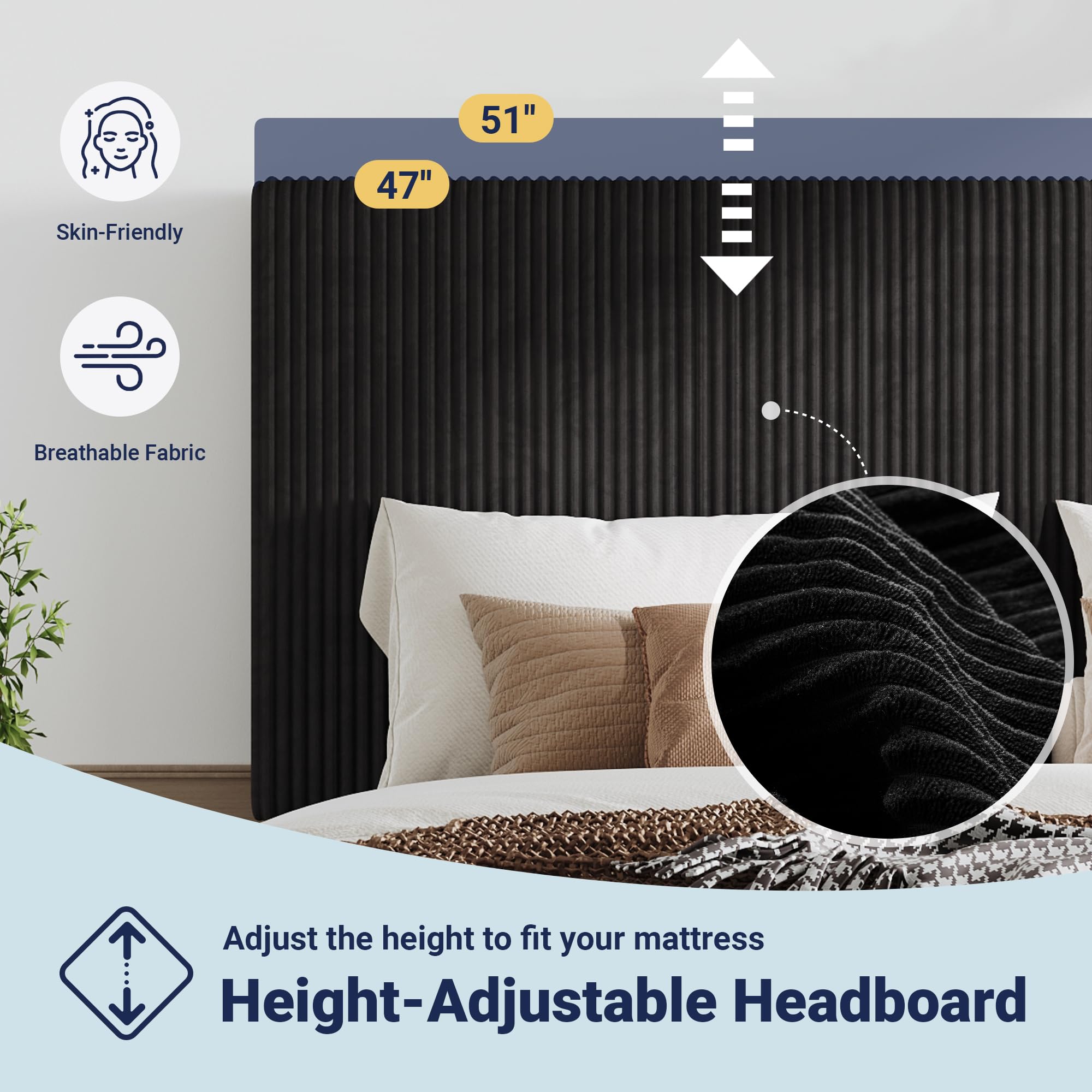 Allewie King Size Upholstered Bed Frame with Vertical Channel Tufted Headboard, Soft Corduroy Fabric Platform Bed, Strong Wooden Slats Support, Easy Assembly, No Box Spring Needed, Black