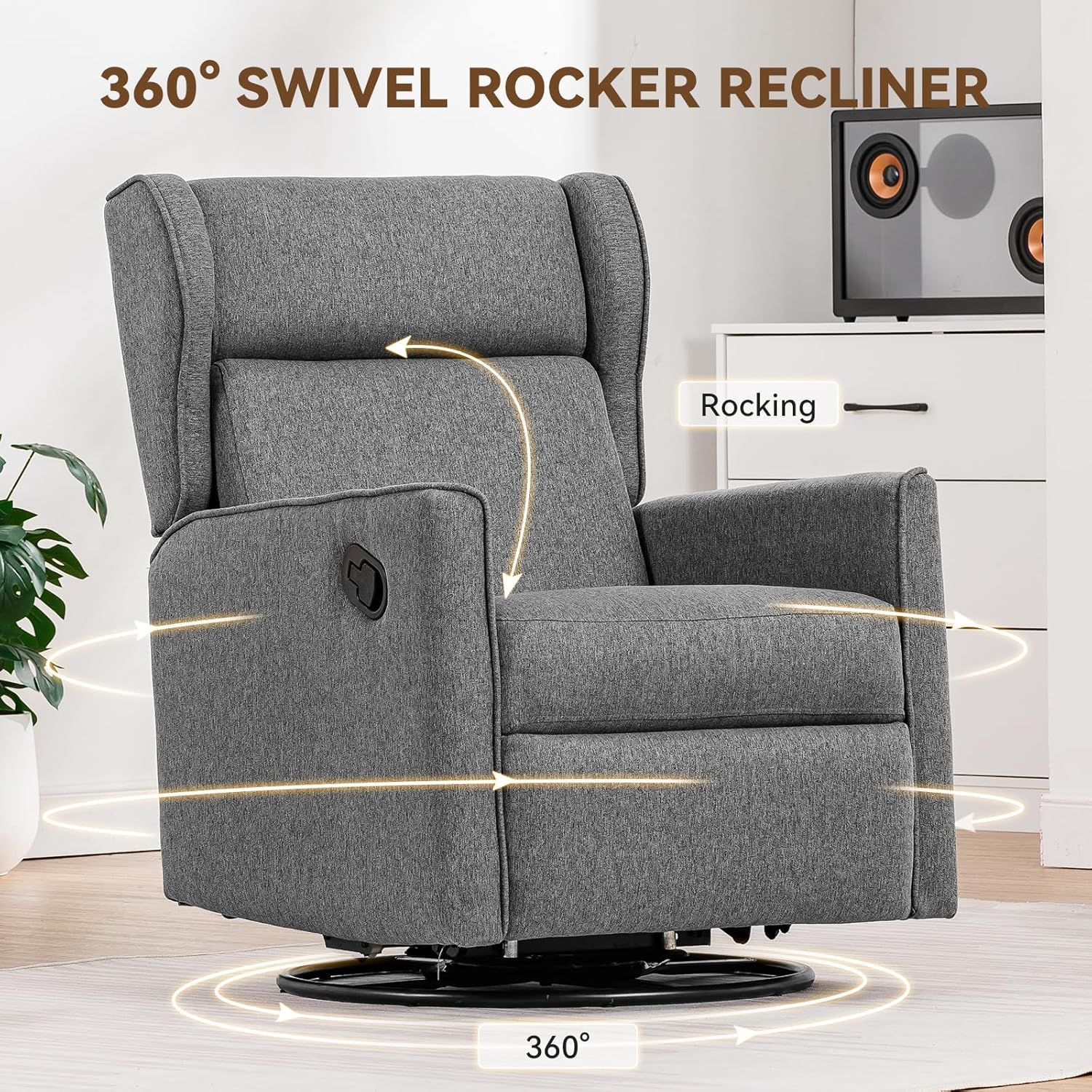 COMHOMA Nursery Rocking Chair Fabric Upholstered Swivel Rocker Recliner Manual Glider Reclining Chair for Living Room Bedroom Offices (Dark Grey)