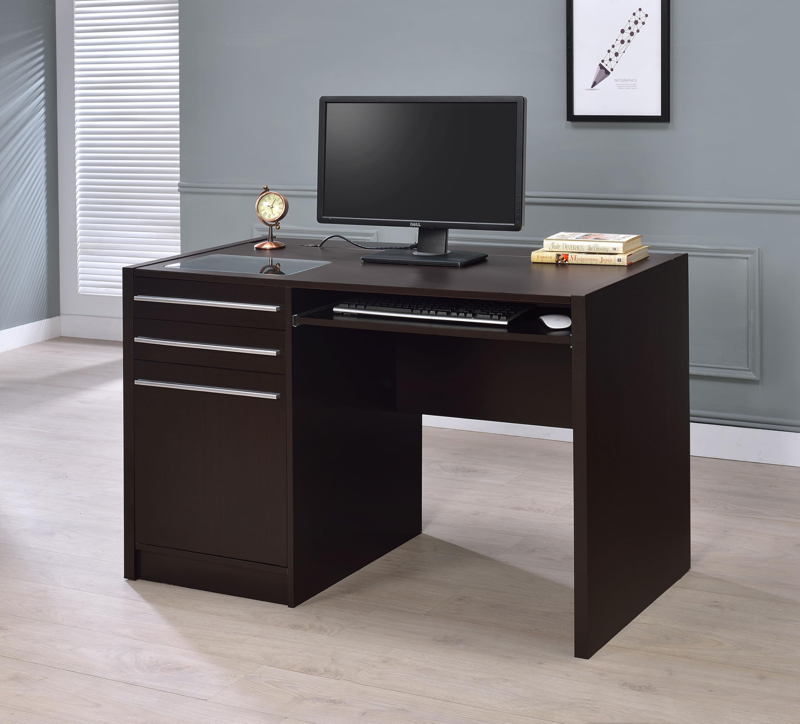 Coaster Home Furnishings - Halston - Engineered Wood - 47-Inch Computer Desk with Drawers, Door Cabinet & Lift-Top Storage, Tempered Glass Top, Contemporary Style - Home Office - Cappuccino - 800702