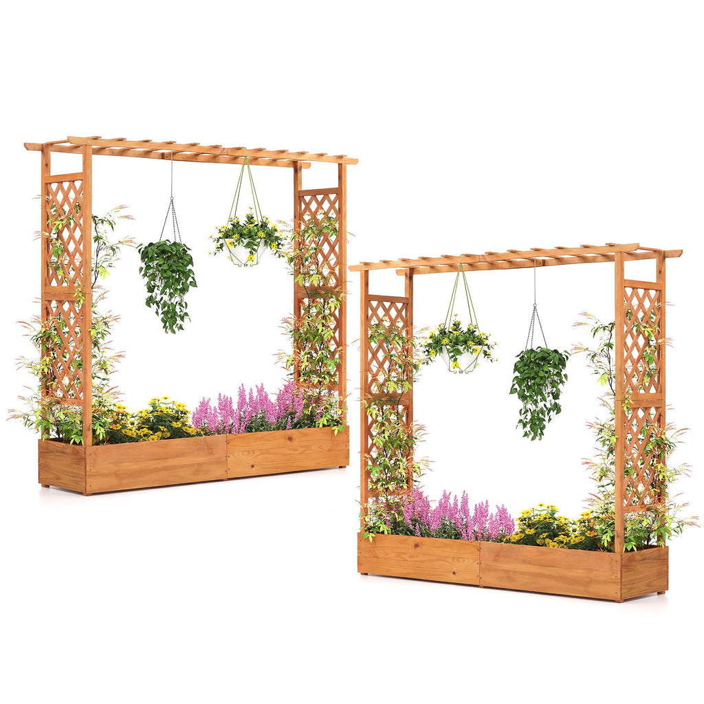 Giantex Set of 2 Raised Garden Bed with Trellis & Hanging Roof, Wood Planter Box with Bottom and Drainage Holes, Freestanding Garden Planter for Flower Vegetable Fruit Herb Climbing Vines, 77"x17"x70"
