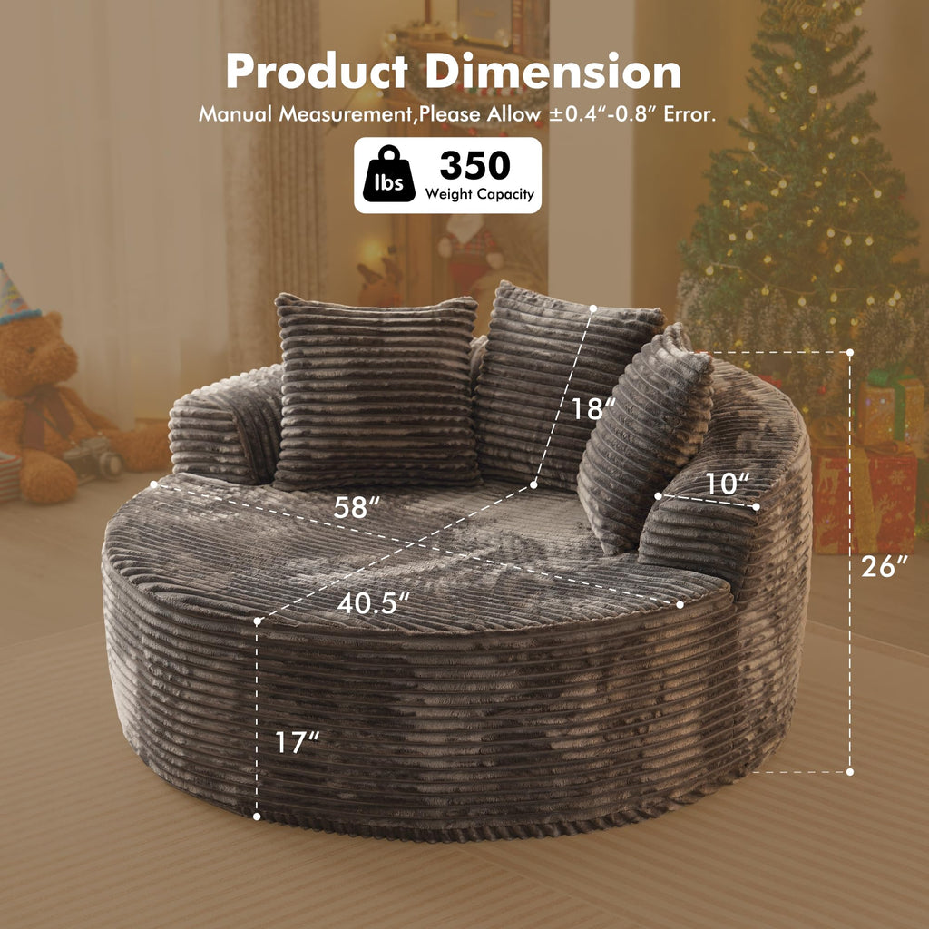 58” Oversized Upholstered Sofa Bed, Round Chaise Lounge Chair Indoor, Fluffy Plush Chaise Lounge, Modern Chenille Cloud Couch with Deep Seat, Comfy Bean Bag Chiar for Living Room Apartment