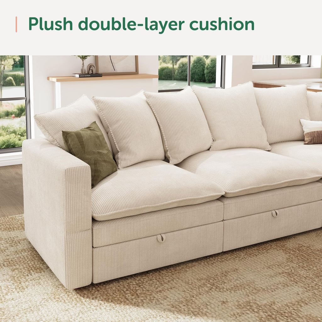 HONBAY Modular Sectional Sleeper Sofa, Corduroy 6 Seater Couch with Storage, Sectional Sleeper Couches for Living Room, Beige