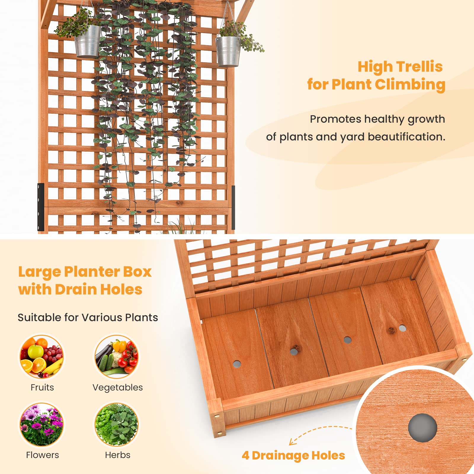Giantex 2 Pcs Raised Garden Bed with Trellis & Roof, 72.5" Wooden Garden Bed, High Trellis for Plant Flower Climbing Pot Hanging, Indoor & Outdoor Planter Box for Yard, Garden, Balcony