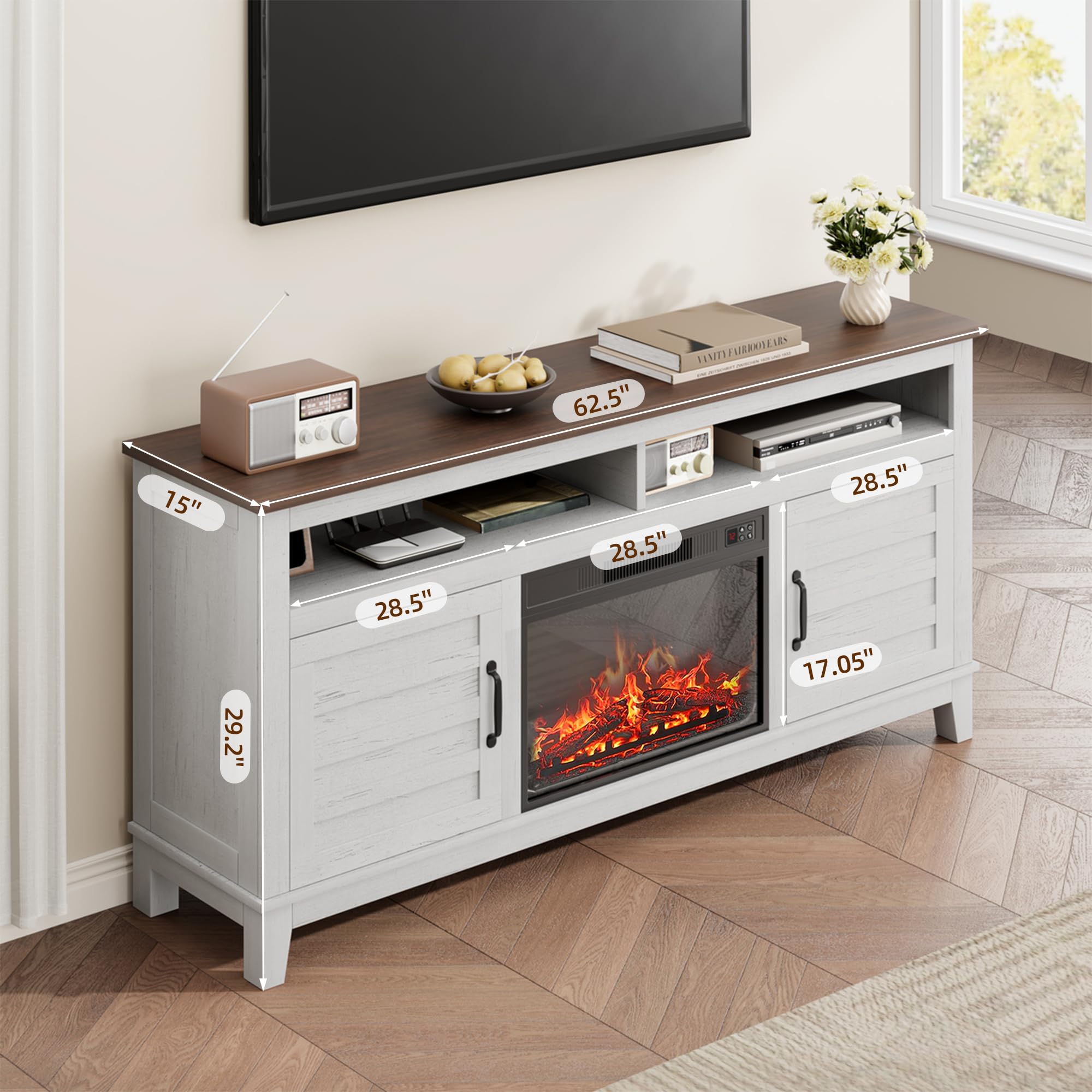 IDEALHOUSE Fireplace TV Stand, Entertainment Center with Fireplace, Farm TV Cabinet with Cupboard Door, Suitable for Living Room and Bedroom