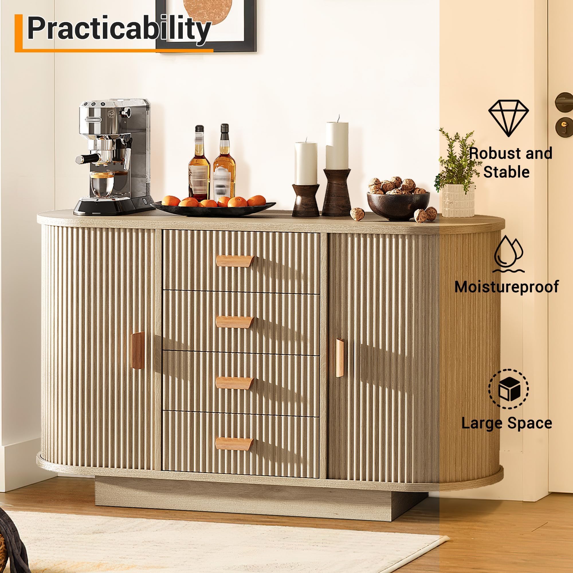 47" Fluted Sideboard Buffet Cabinet with 4 Drawers and 2 Arched Sliding Doors, Coffee Bar Storage Console Cabinet,Multi-Functional Coffee Bar Cabinet, Accent Table for Dining Living Room, Natural Oak