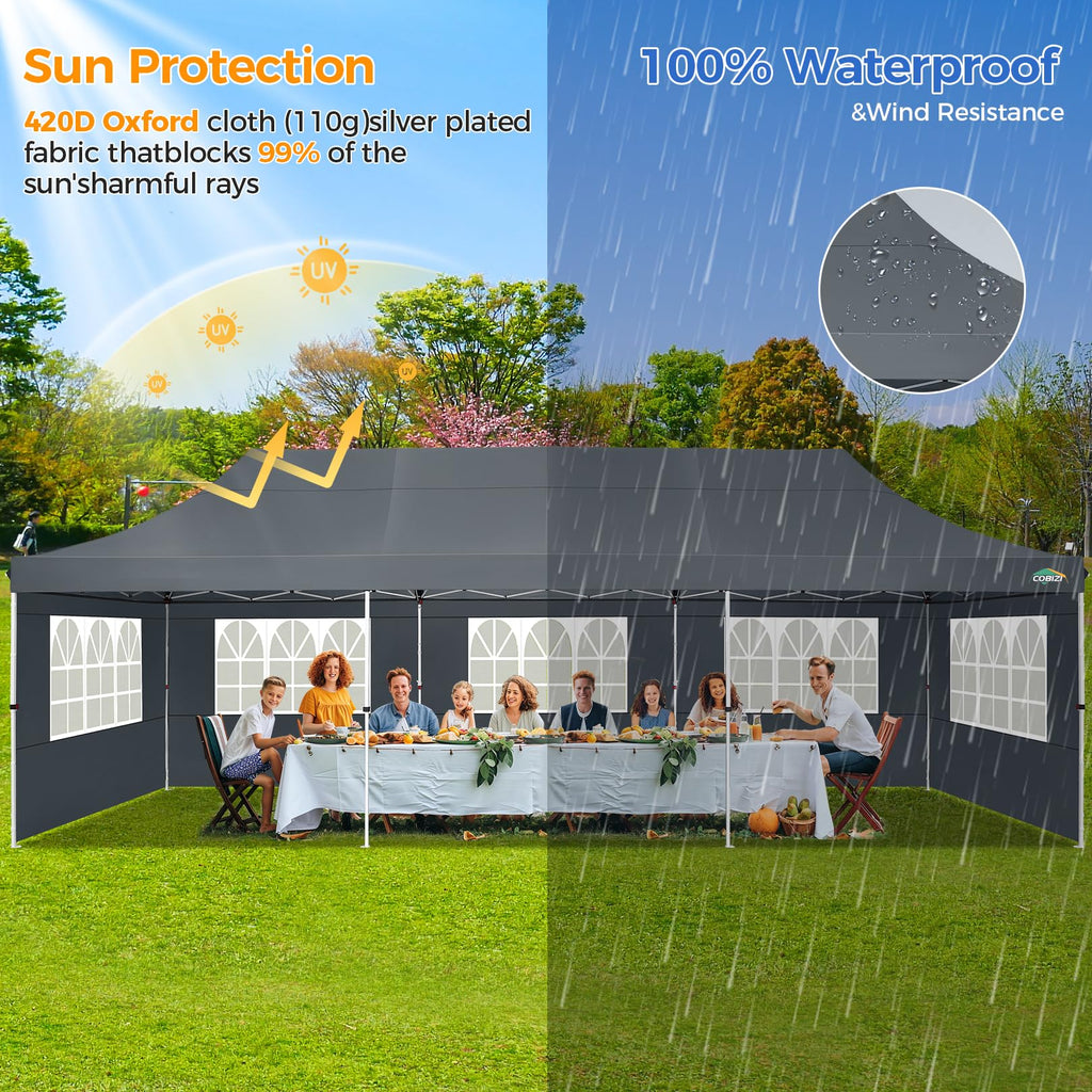 COBIZI 10x30 Pop up Canopy with Roller Bag & 8 Removable Sidewalls, Canopy Tent for Parties, Wedding, and Commercials, Waterproof and Instant Shelter UV50+ Outdoor Gazebo with 4 Sandbags(Gray)