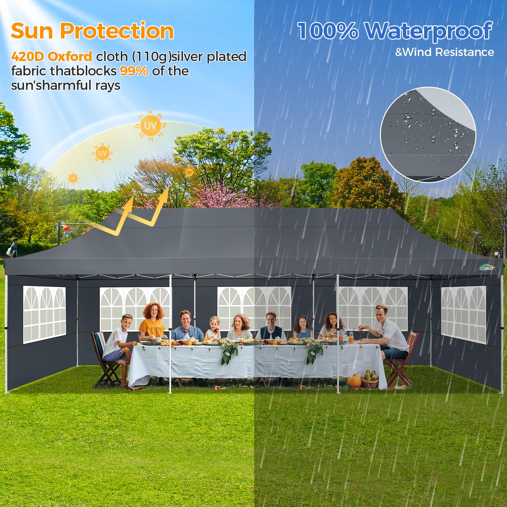 COBIZI 10x30 Pop up Canopy with Roller Bag & 8 Removable Sidewalls, Canopy Tent for Parties, Wedding, and Commercials, Waterproof and Instant Shelter UV50+ Outdoor Gazebo with 4 Sandbags(Gray)