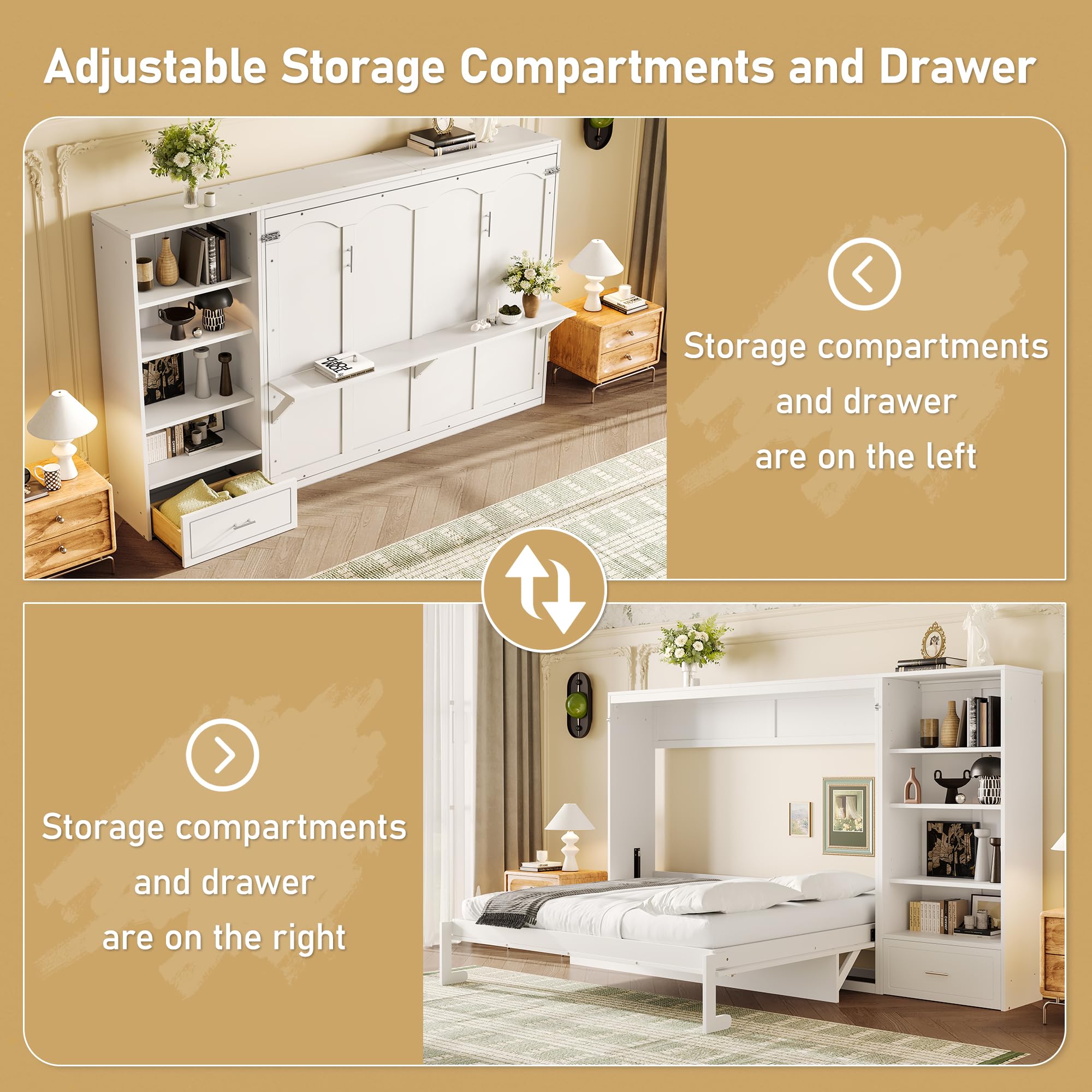 Murphy Bed Queen,Murphy Bed with Height Adjustable Storage Compartments and Shelf,Wall Bed Frame w/ 1 Drawer, Multifunctional Foldable Platform Bed for Bedroom,Guest Room,White
