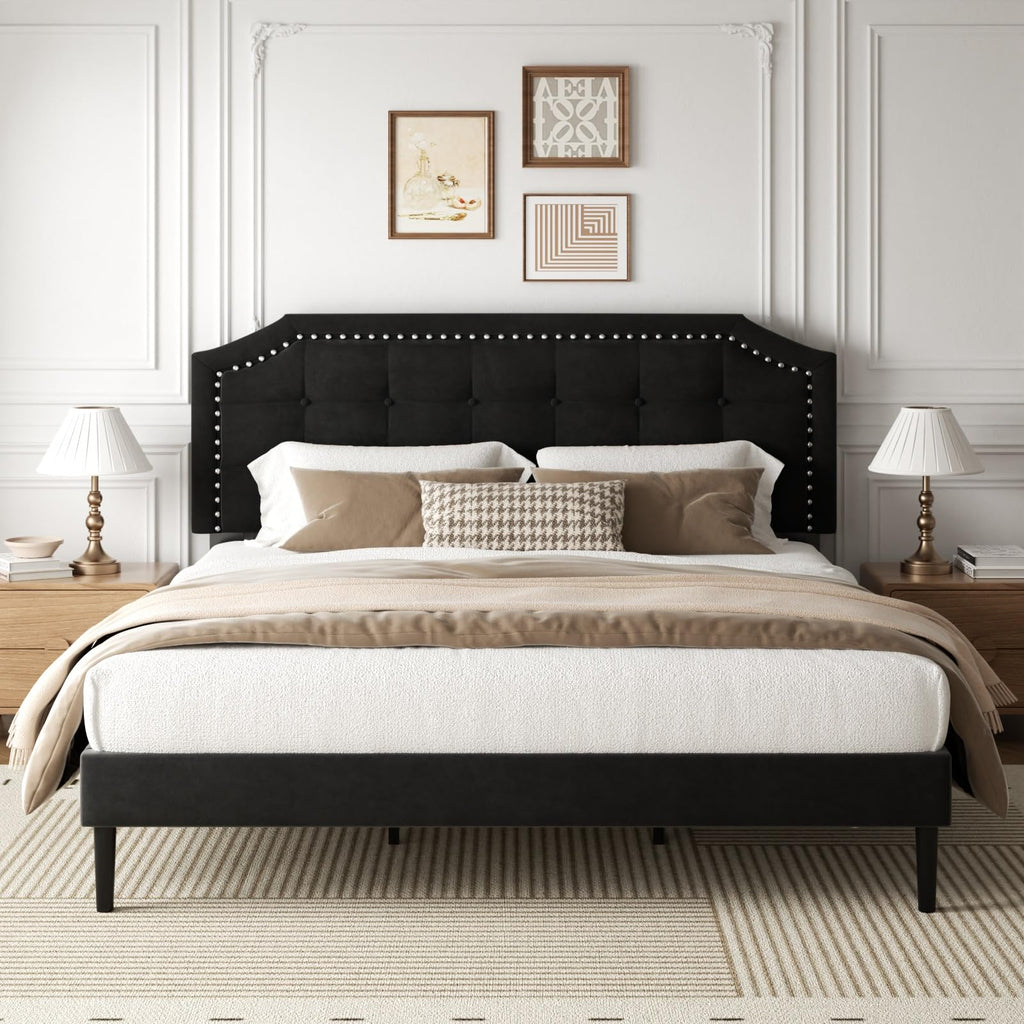 HAOARA King Size Bed Frame, King Size Platform Bed Frame with Upholstered Button Tufted Headboard, Strong Wood Slats, No Box Spring Needed, Mattress Foundation, Easy Assembly Black