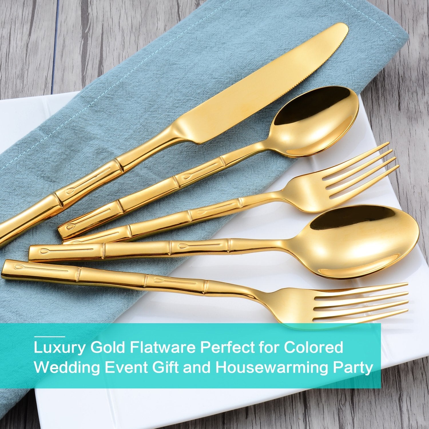 Flatasy Silverware Set Gold Flatware Set Stainless Steel Bamboo Handle Cutlery Set Mirror Polished 60 Pieces for Home Kitchen Restaurant Hotel Wedding Housewarming Gift Service for 12