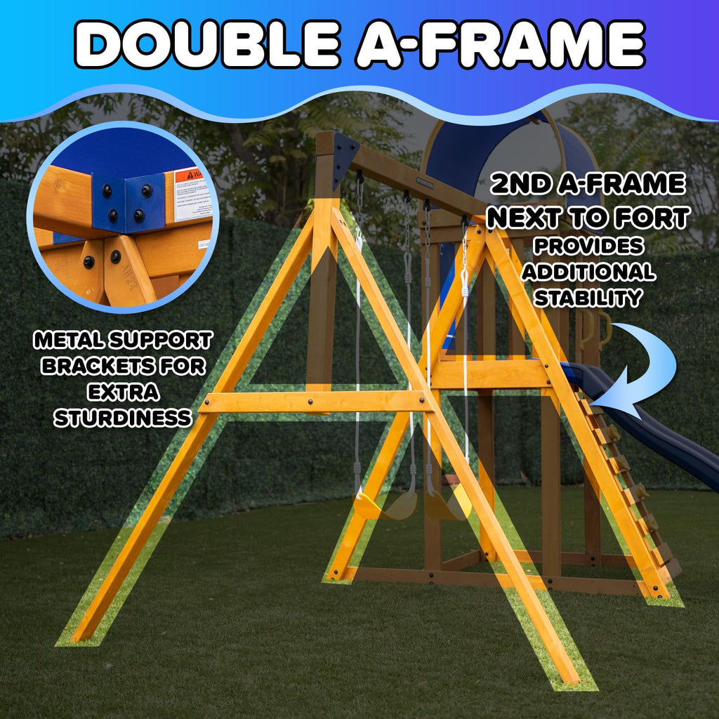 Sportspower Amelia Galaxy Cedar Wooden Swing Set for Night Play with 2 LED Swings, Play Fort with Sandbox, Heavy Duty Double A-Frame, on 6ft LED Slide, Bonus Anchor Kit