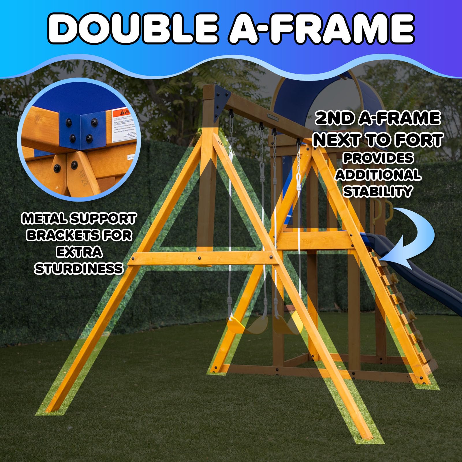 Sportspower Amelia Galaxy Cedar Wooden Swing Set for Night Play with 2 LED Swings, Play Fort with Sandbox, Heavy Duty Double A-Frame, on 6ft LED Slide, Bonus Anchor Kit
