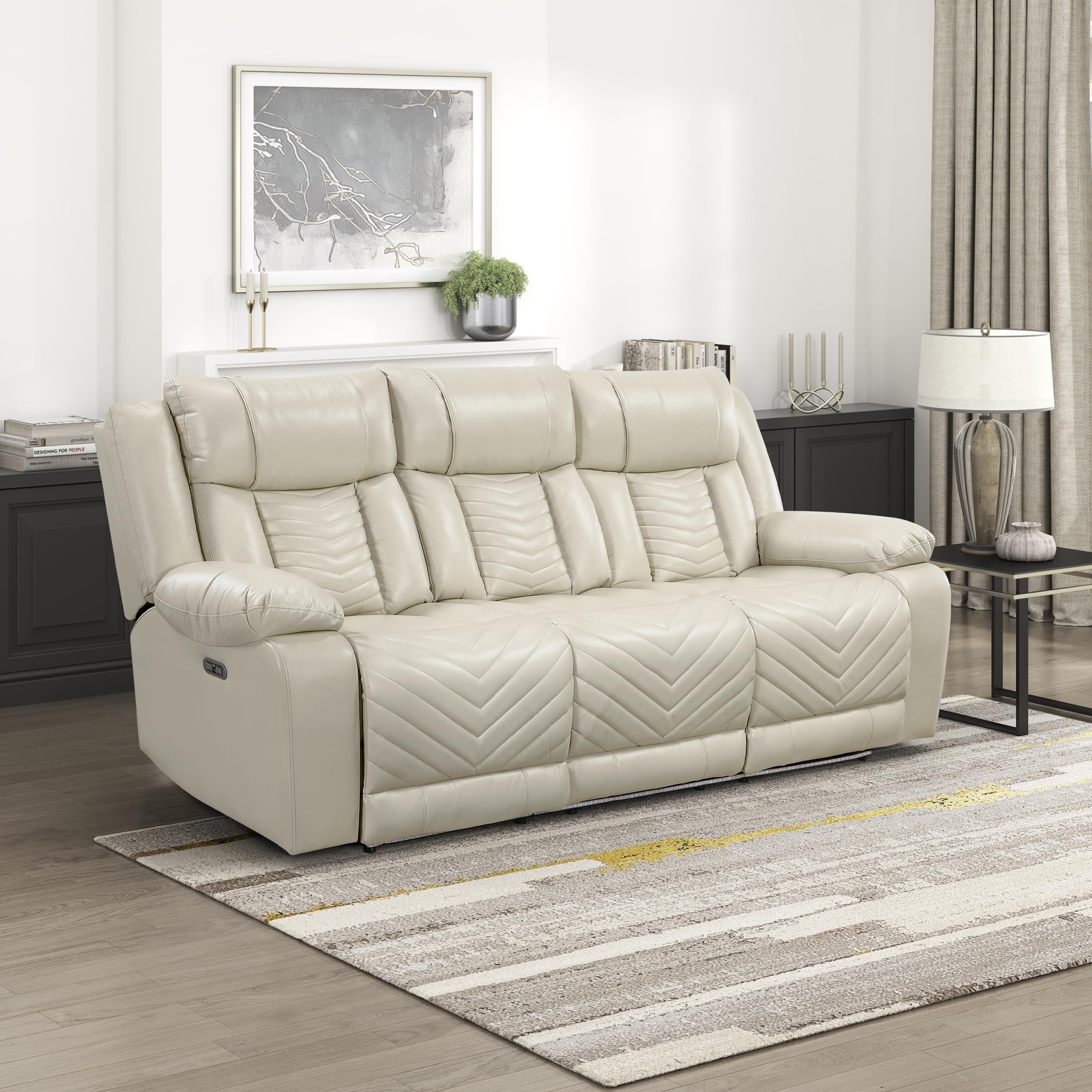 Lexicon Wall Hugger Power Double Reclining Sofa with Center Drop-Down Table, Faux Leather Home Theater Seating with LED Lighting/USB Charging Ports/Wireless Charger/Cup Holders, Magazine Pocket, Beige