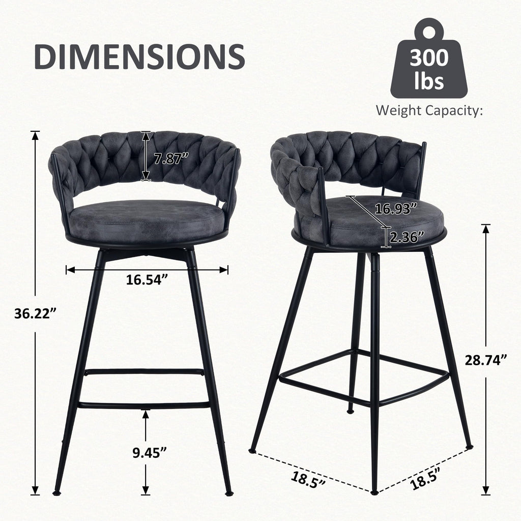 YOUNIKE Bar Stools Set of 2, 28.7 inch Seat Height Bar Chairs, 360° Swivel Counter Height Barstools with Woven Back and Armrest, Upholstered Suede Fabric Counter Stools for Kitchen Island, Pub, Grey