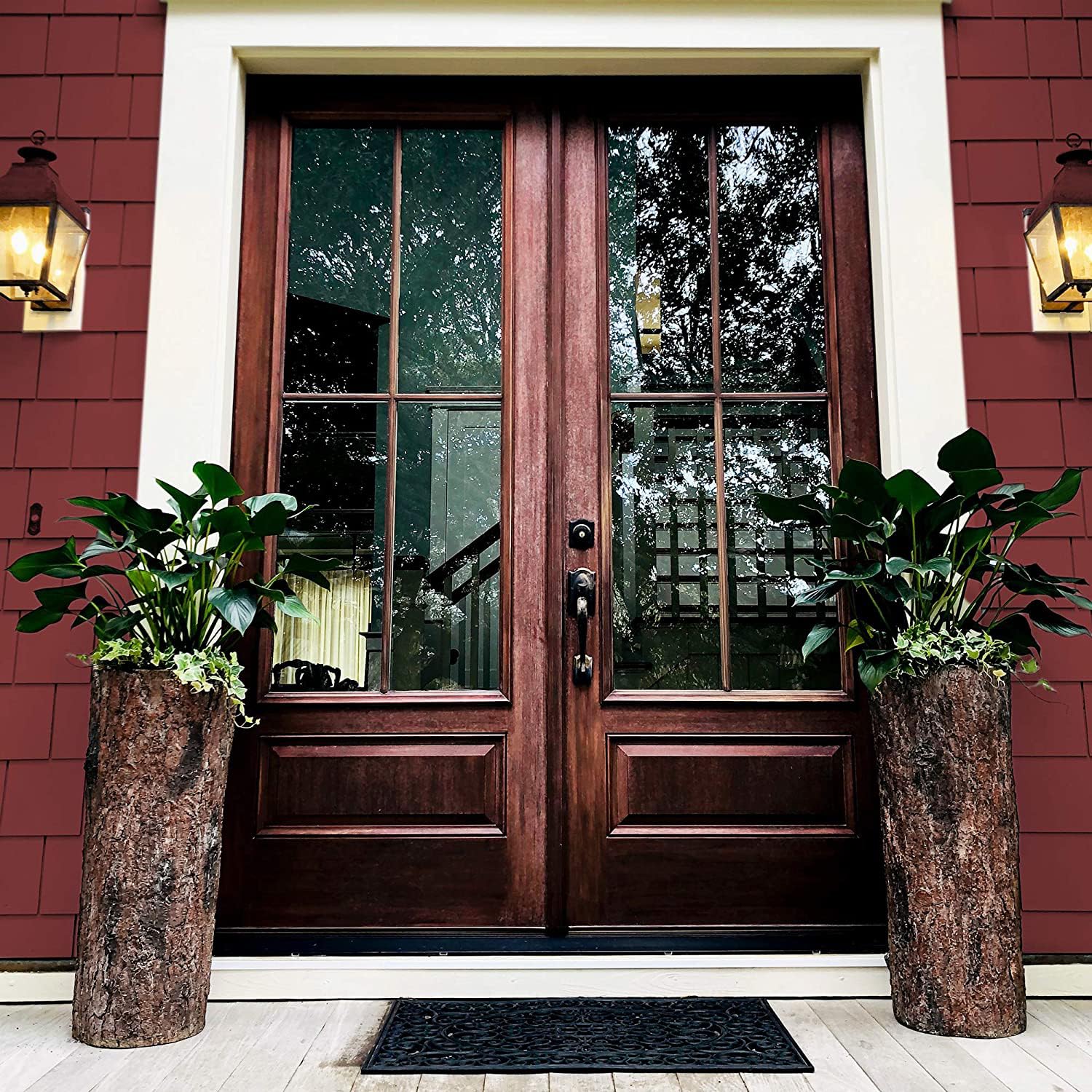 Bushy Box Country Front Door Tall Log Planters Set (2) Extra Large Heavy Cabin, Farmhouse & Lake House Entrance Pots. Rustic Porch & Patio Plant Decor.