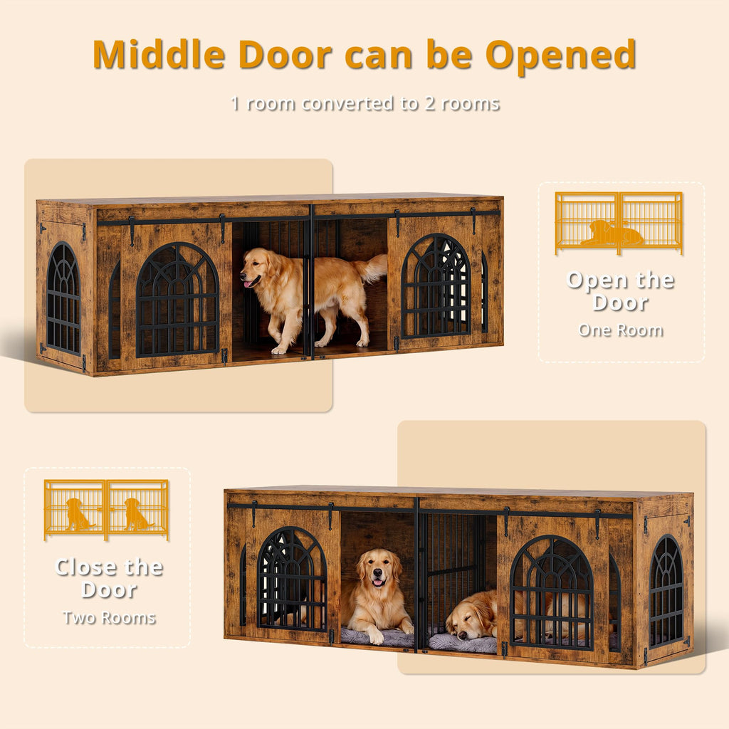 IRONCK 90.2" Double Room Dog Crate Furniture with Sliding Doors– Heavy Duty Wooden Dog Kennel with Hinged Divider, TV Stand & End Table for Large to Medium Dogs, Brown (Brown)