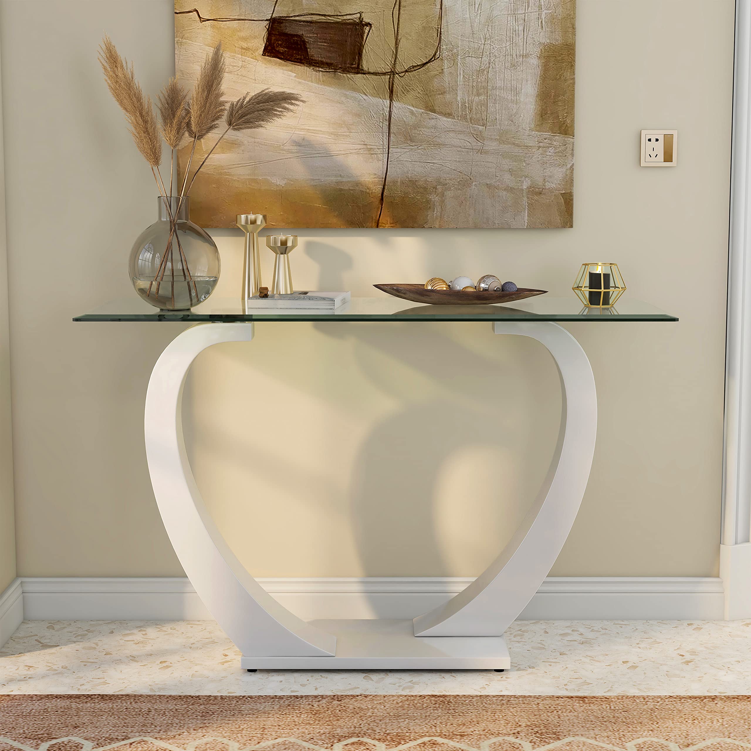 Furniture of America Augie Modern Rectangle Tempered Glass Top 48 in. Sofa Table for Display, Decorate Living Room, Hallway, Bedroom, Dressing Room, White