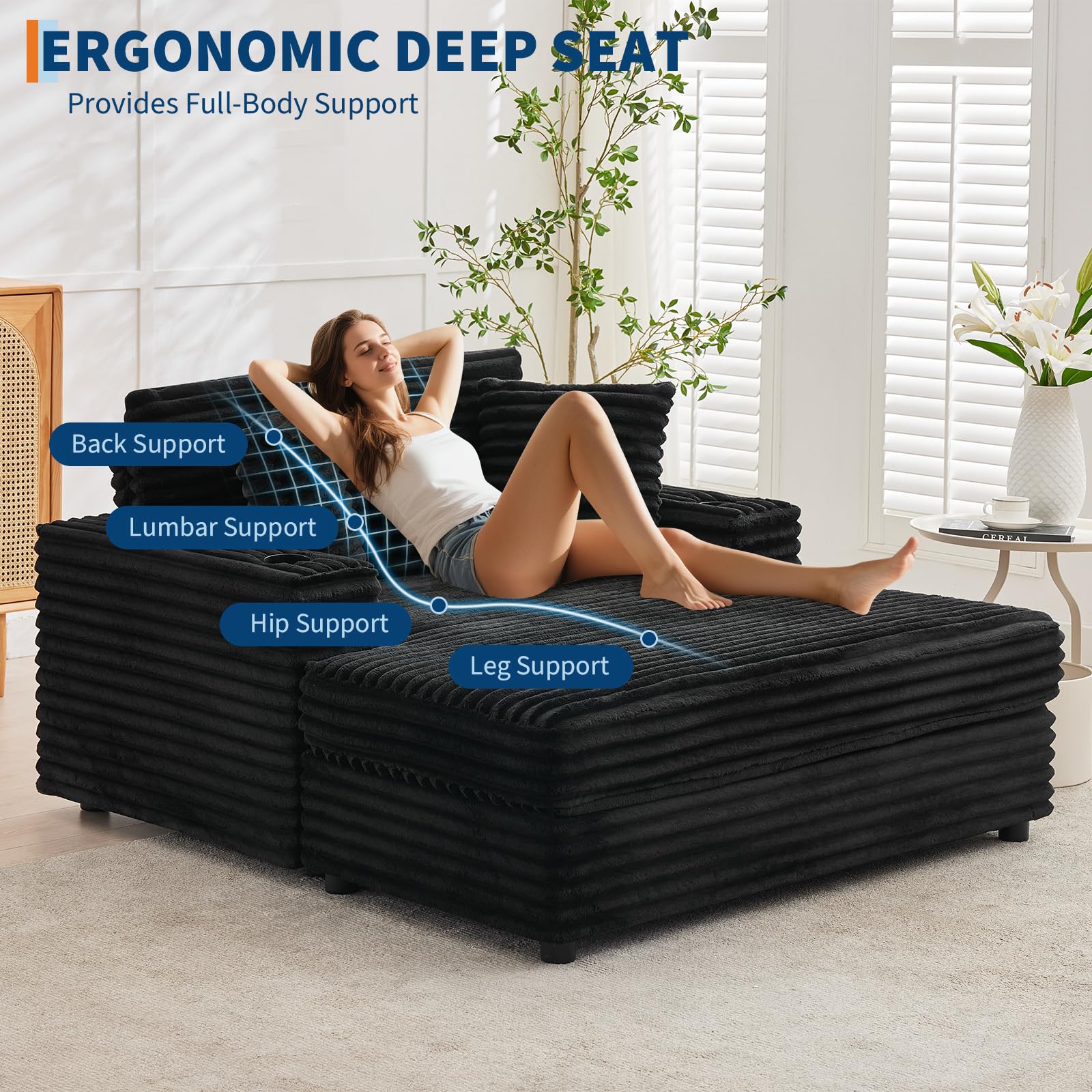 Garvee 60" Oversized Chaise Lounge Chair Indoor, Corduroy Upholstered Sleeper Sofa Bed w/Cup Holder & Charging Port, Cloud Couch Sofa Chair w/Throw Pillows & Wide Arms for Living Room, Bedroom,Black