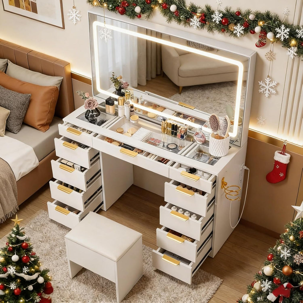 Fkhouse Glass Top Vanity Desk with Mirror and Lights, 11 Drawers Makeup Vanity with Stool, 3 Lighting Modes Dressing Table with Power Outlet, Golden Handles, White