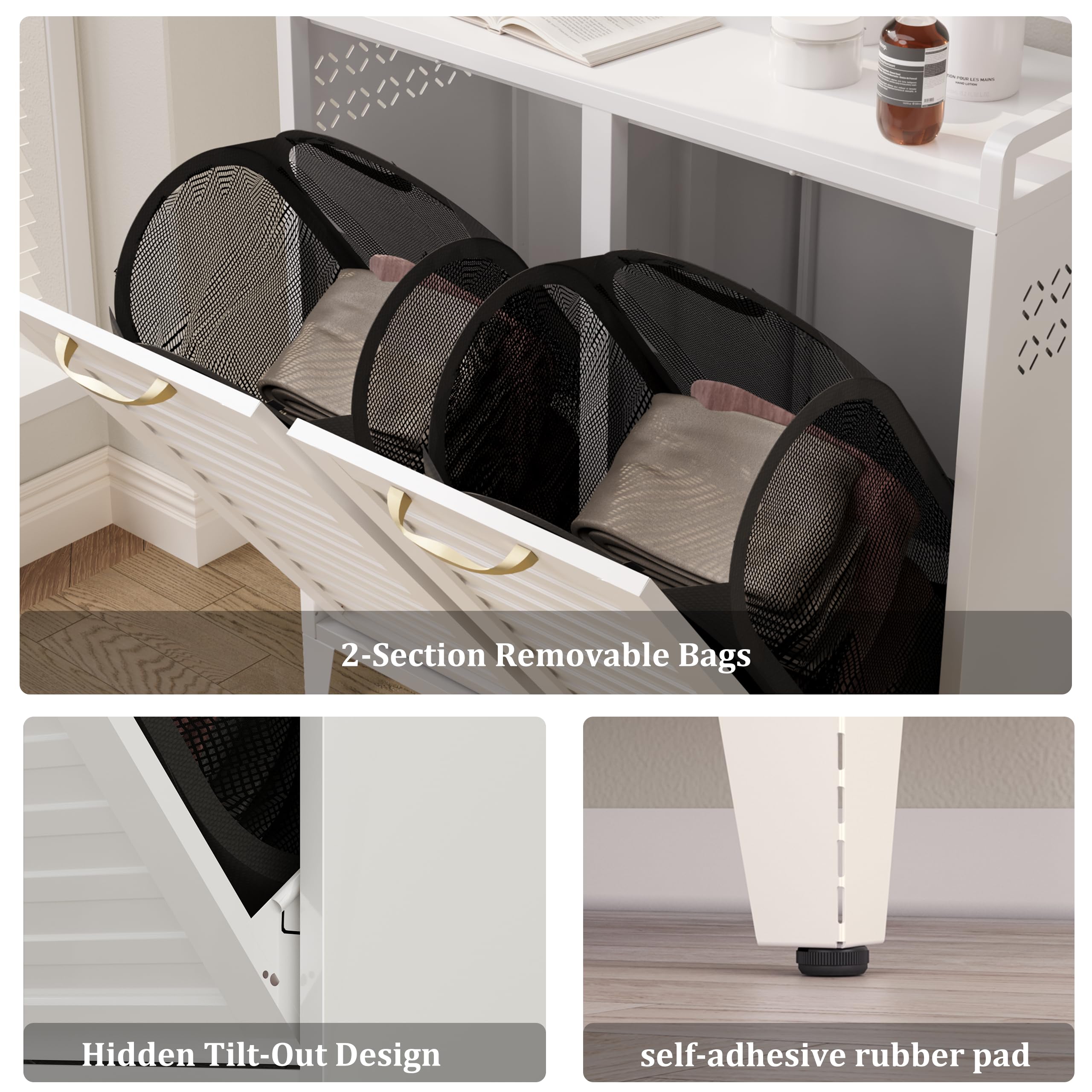 100L Dual Laundry Hamper with Wheels, Metal Rolling Laundry Cabinet with 2 Compartments and Removable Bags, Hidden Design